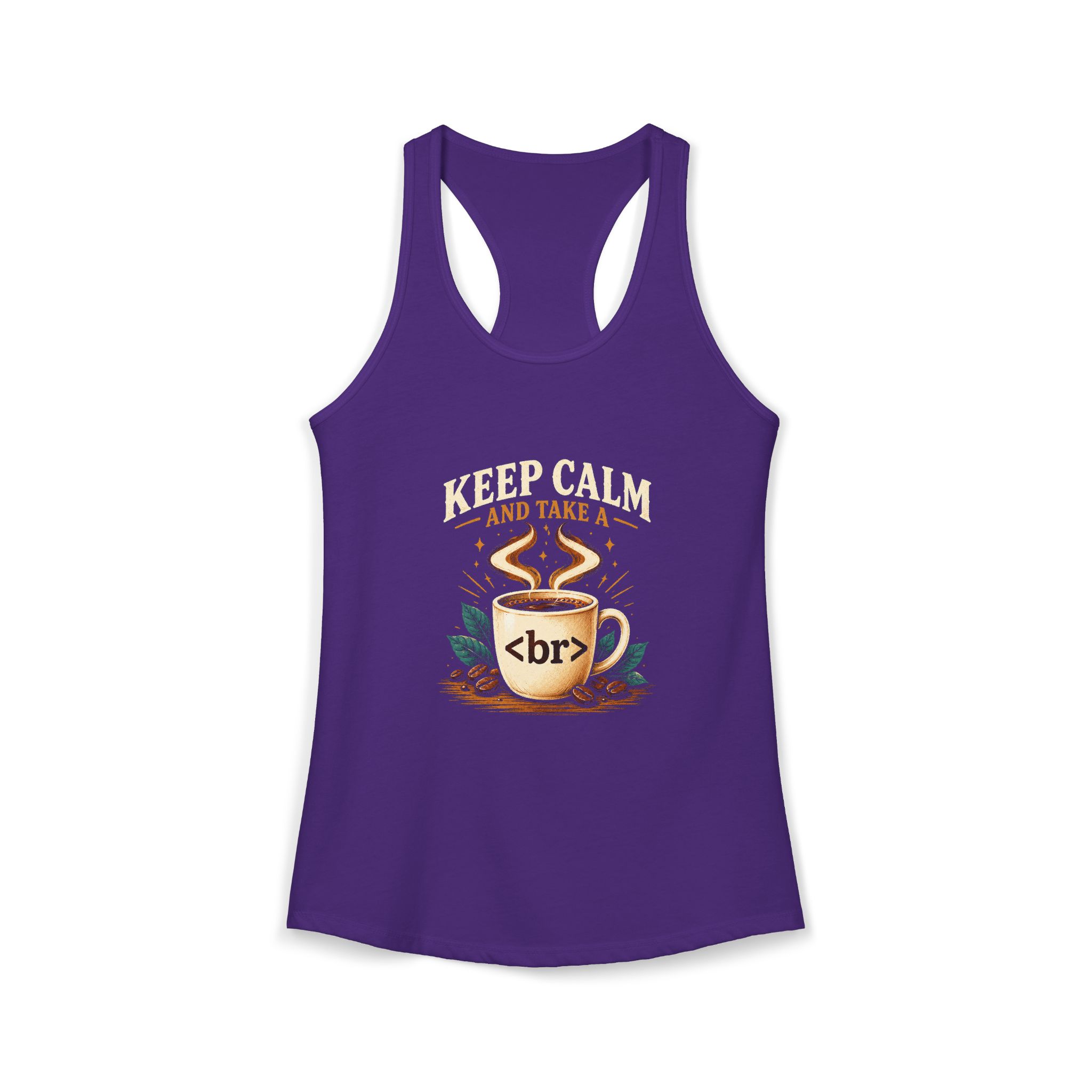 Keep Calm Coffee Break women's racerback tank in Solid Purple Rush, front 2