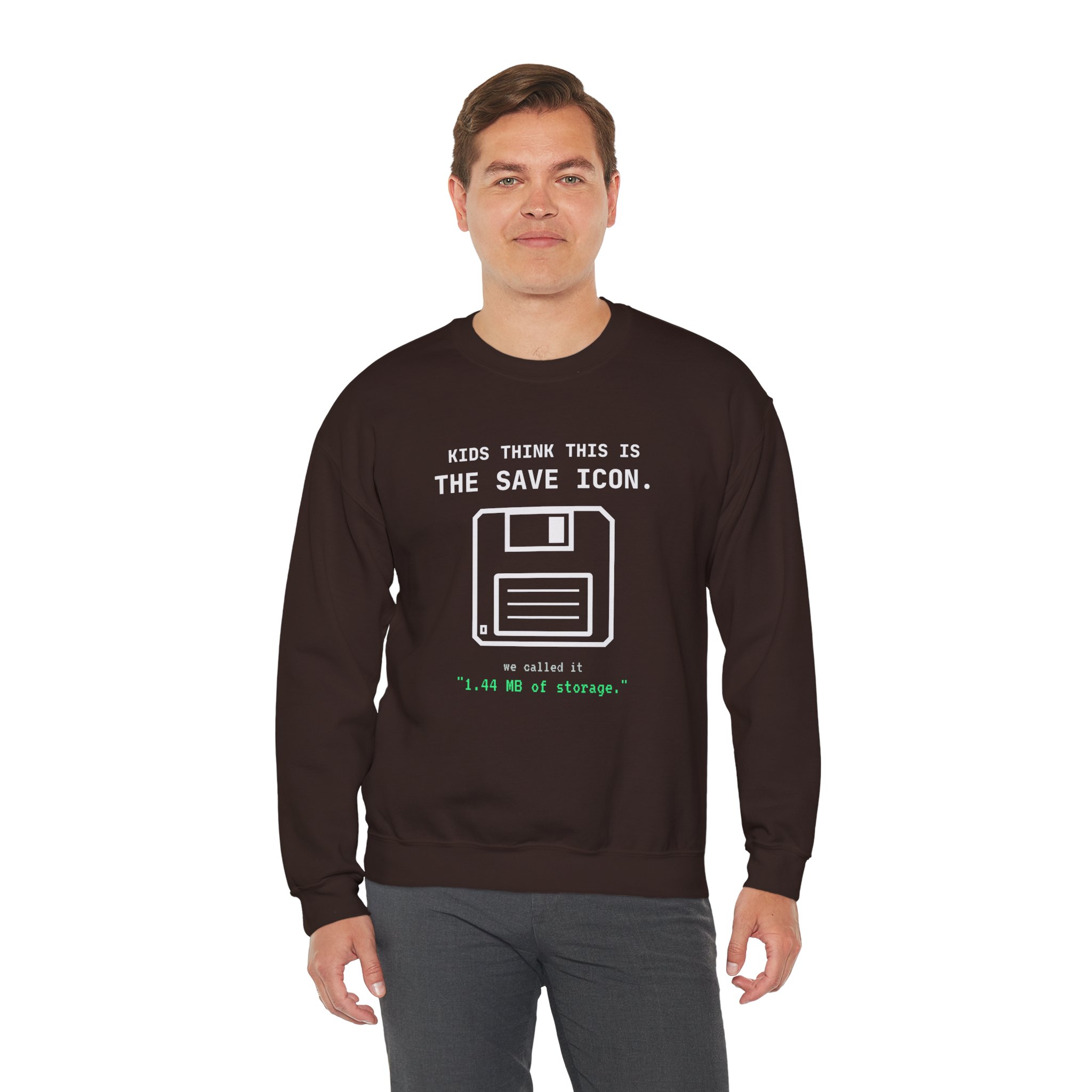 The Original Save Icon crewneck sweatshirt in Dark Chocolate, worn by a model, third view