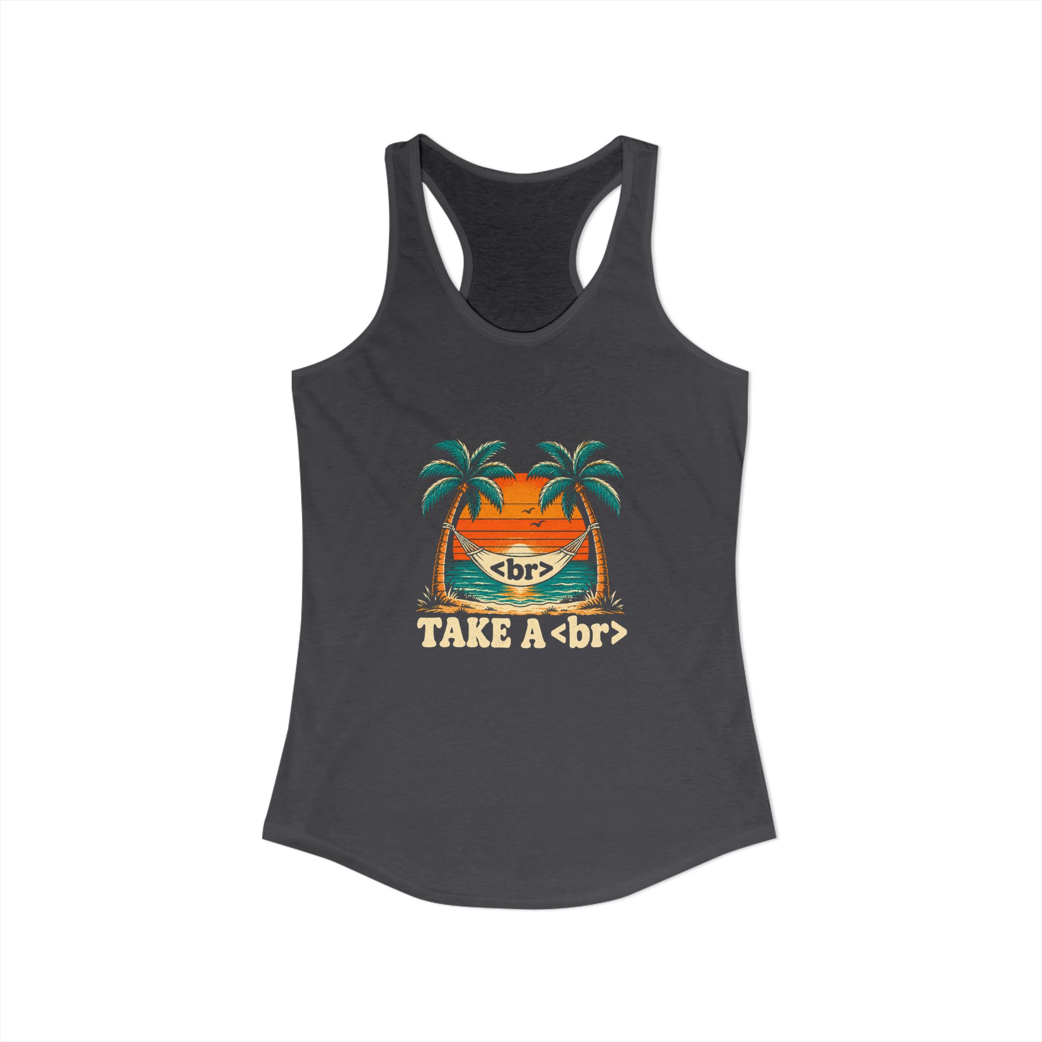 Take a Break Hammock women's racerback tank in Solid Dark Gray, front view
