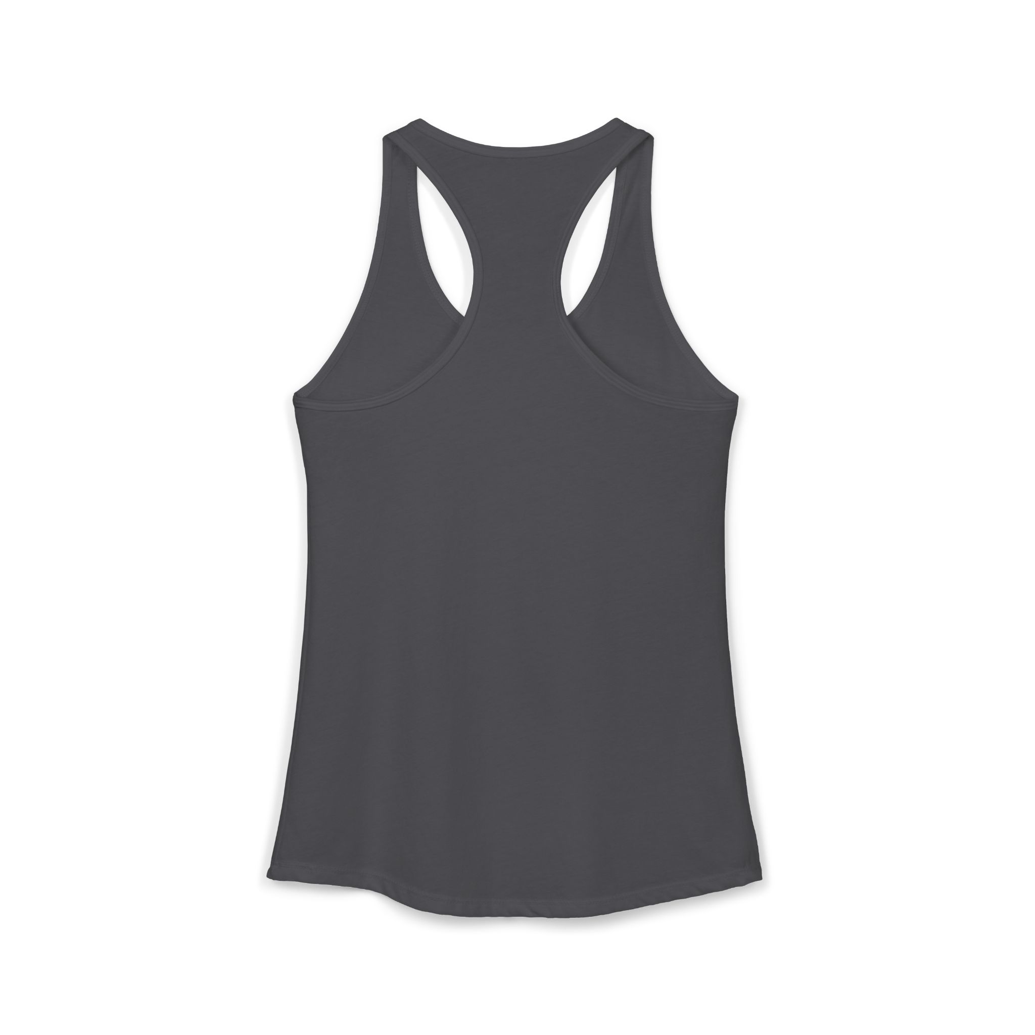 In Case of Burnout women's racerback tank in Solid Dark Gray, back view, second angle