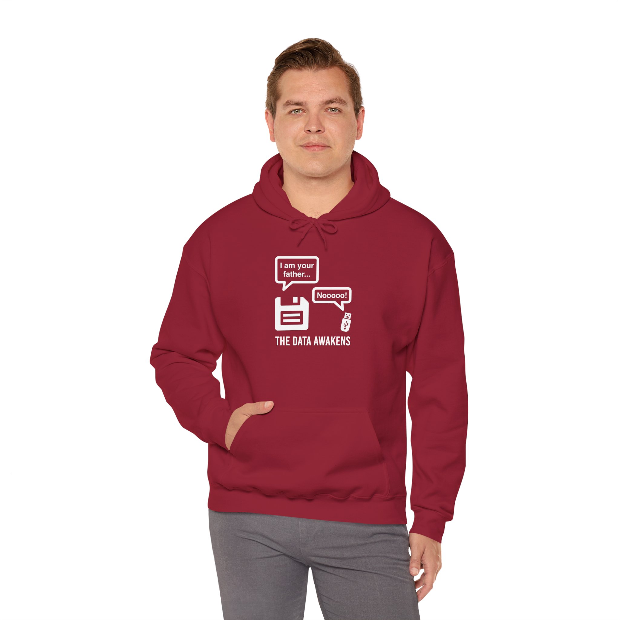 The Data Awakens hoodie in Cardinal Red, worn by a model, fourth view
