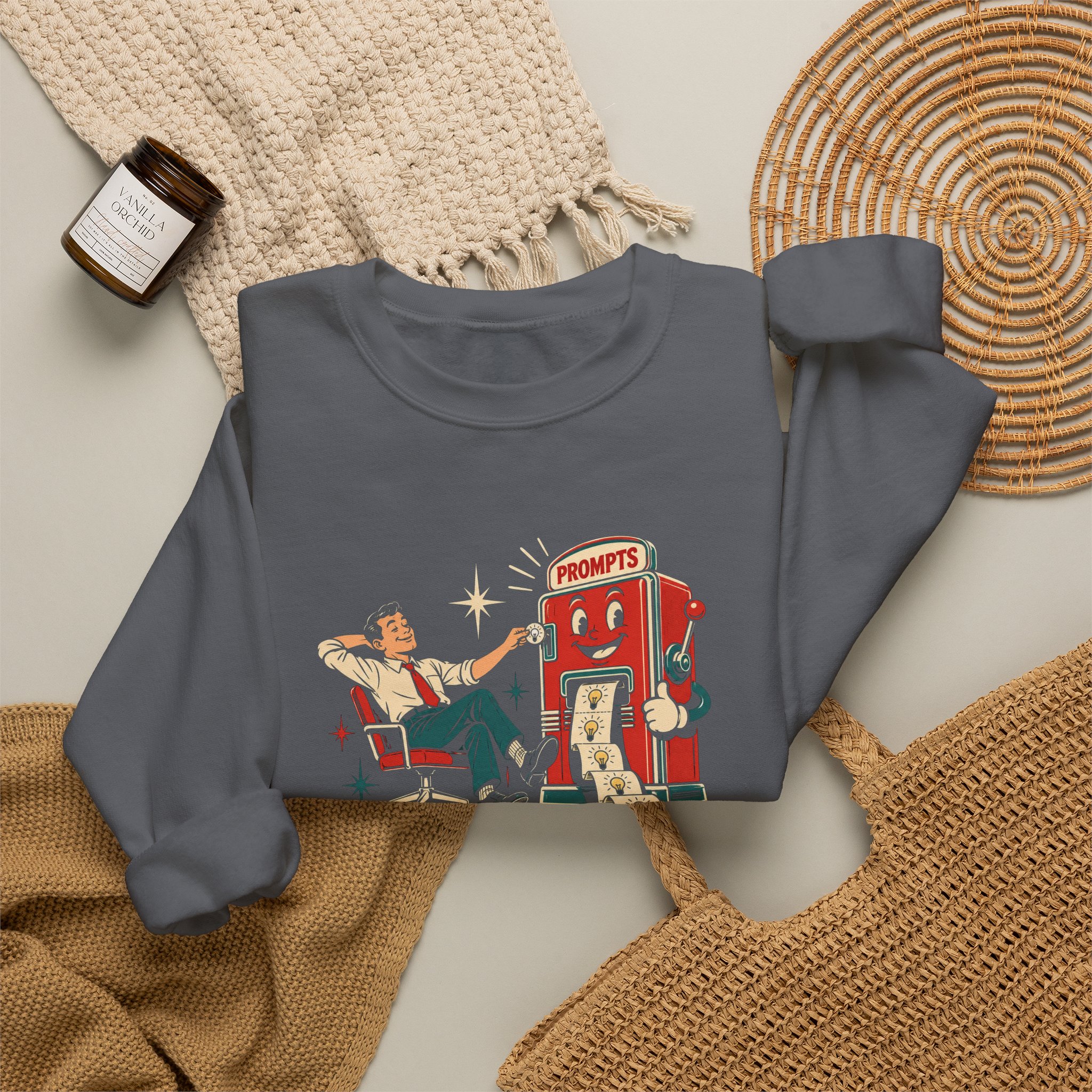 Prompt Machine crewneck sweatshirt in Charcoal, folded 2