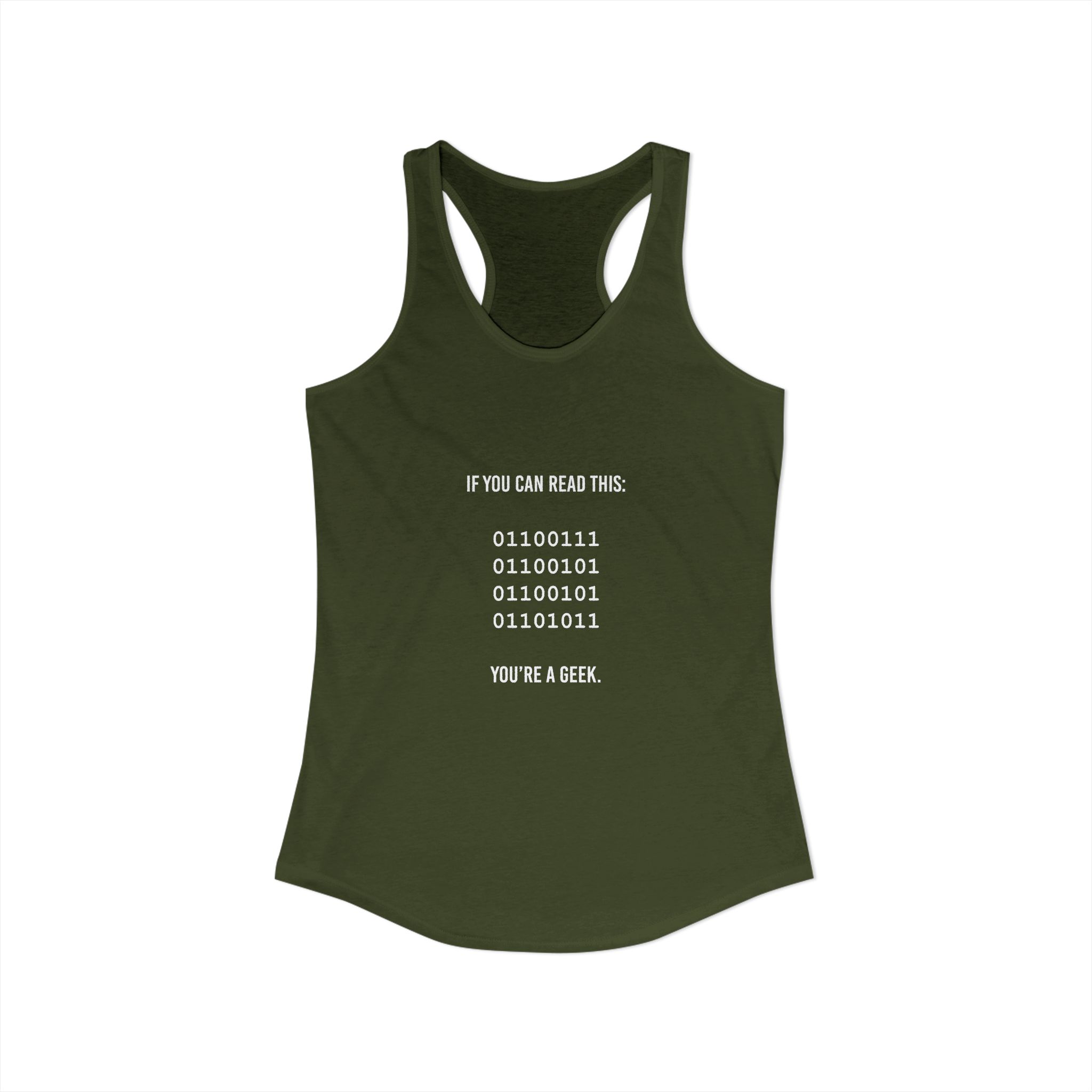 Geek Binary Code women's racerback tank in Solid Military Green, front view