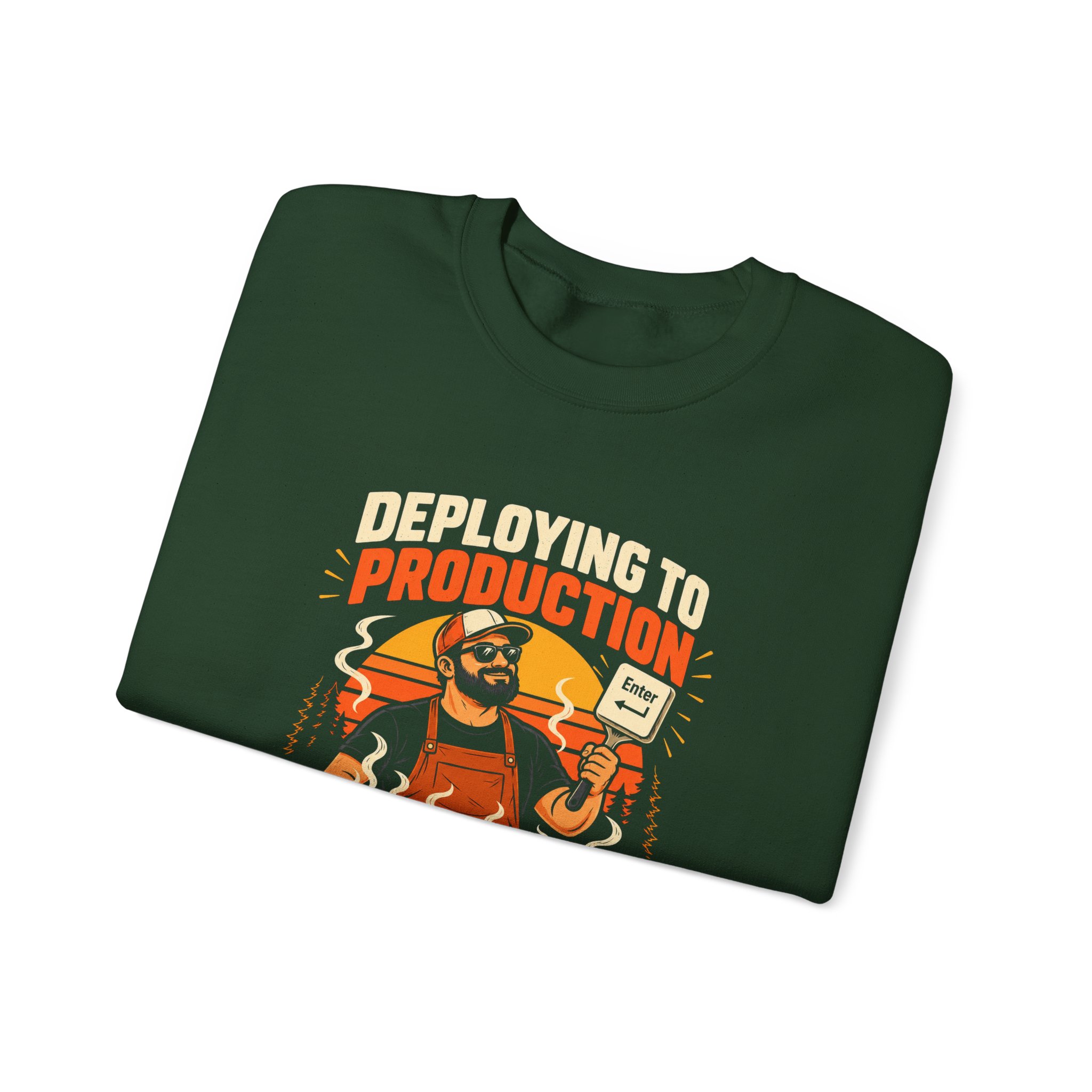 Deploying to Production crewneck sweatshirt in Forest Green, folded