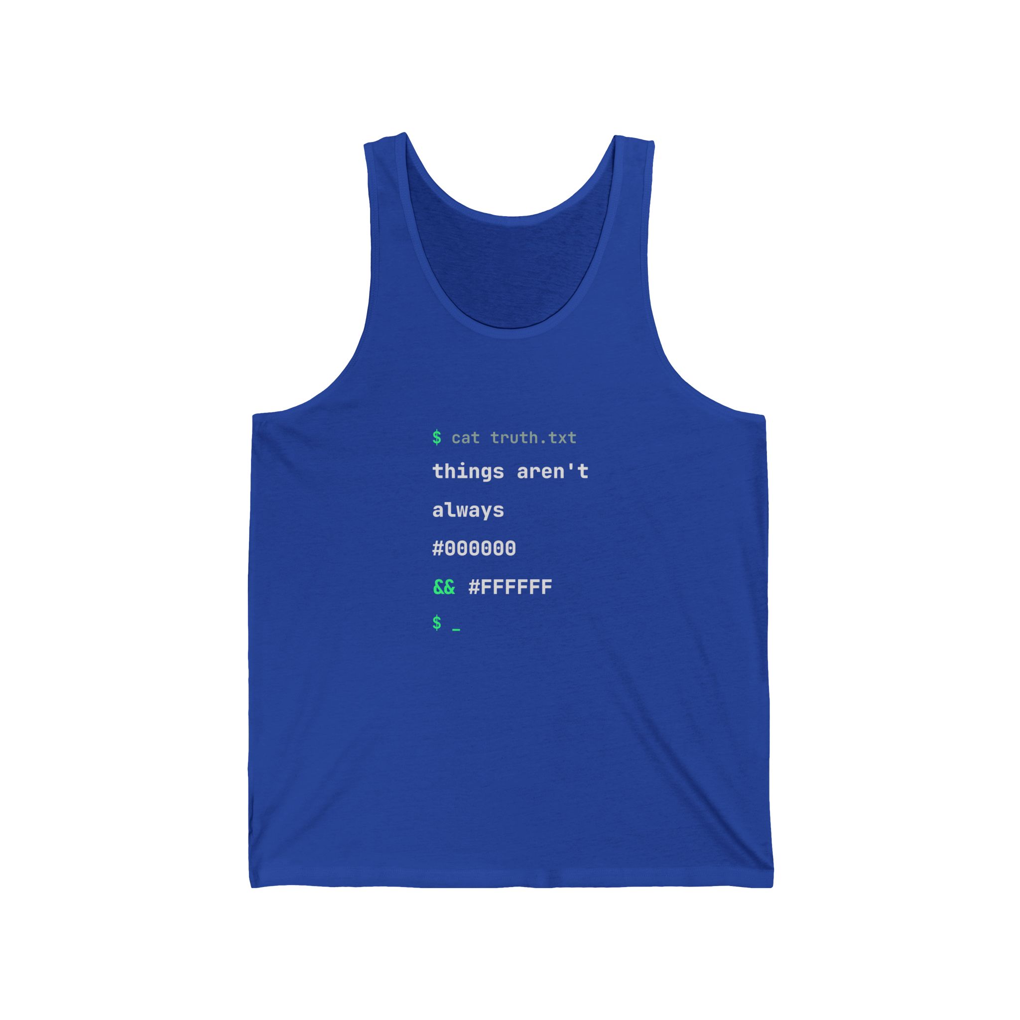 cat truth.txt unisex tank in True Royal, front view