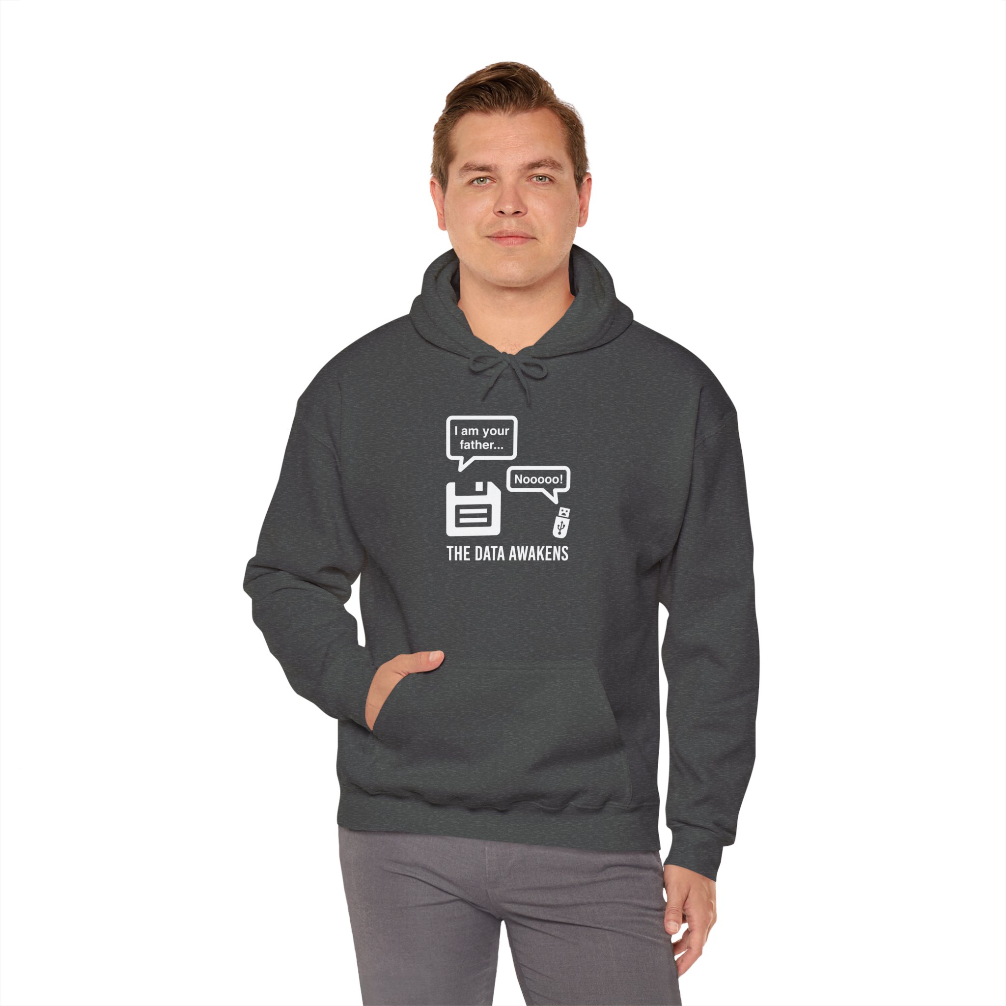 The Data Awakens hoodie in Dark Heather, worn by a model, fourth view