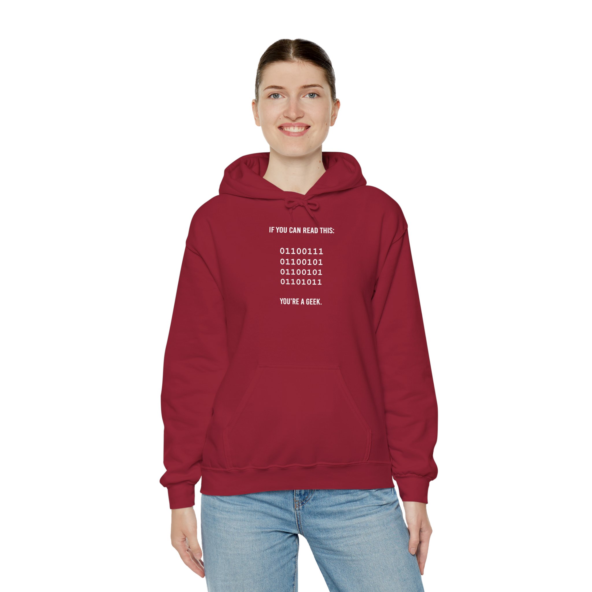 Geek Binary Code hoodie in Cardinal Red, worn by a model, third view