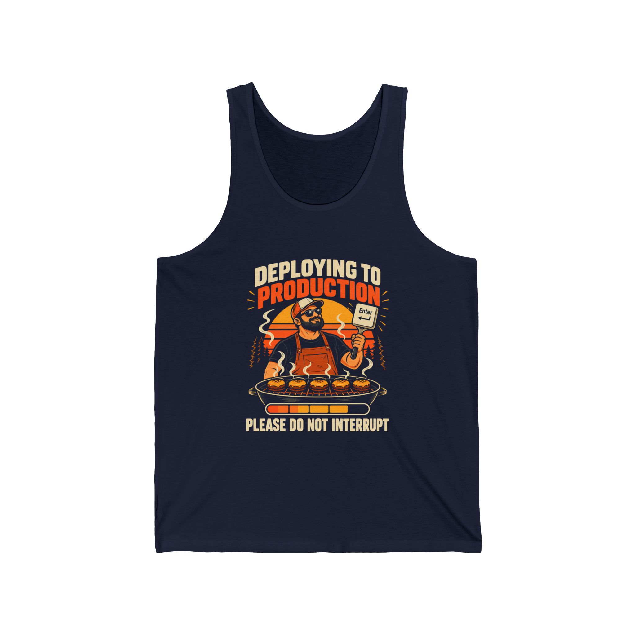 Deploying to Production unisex tank in Navy, front view