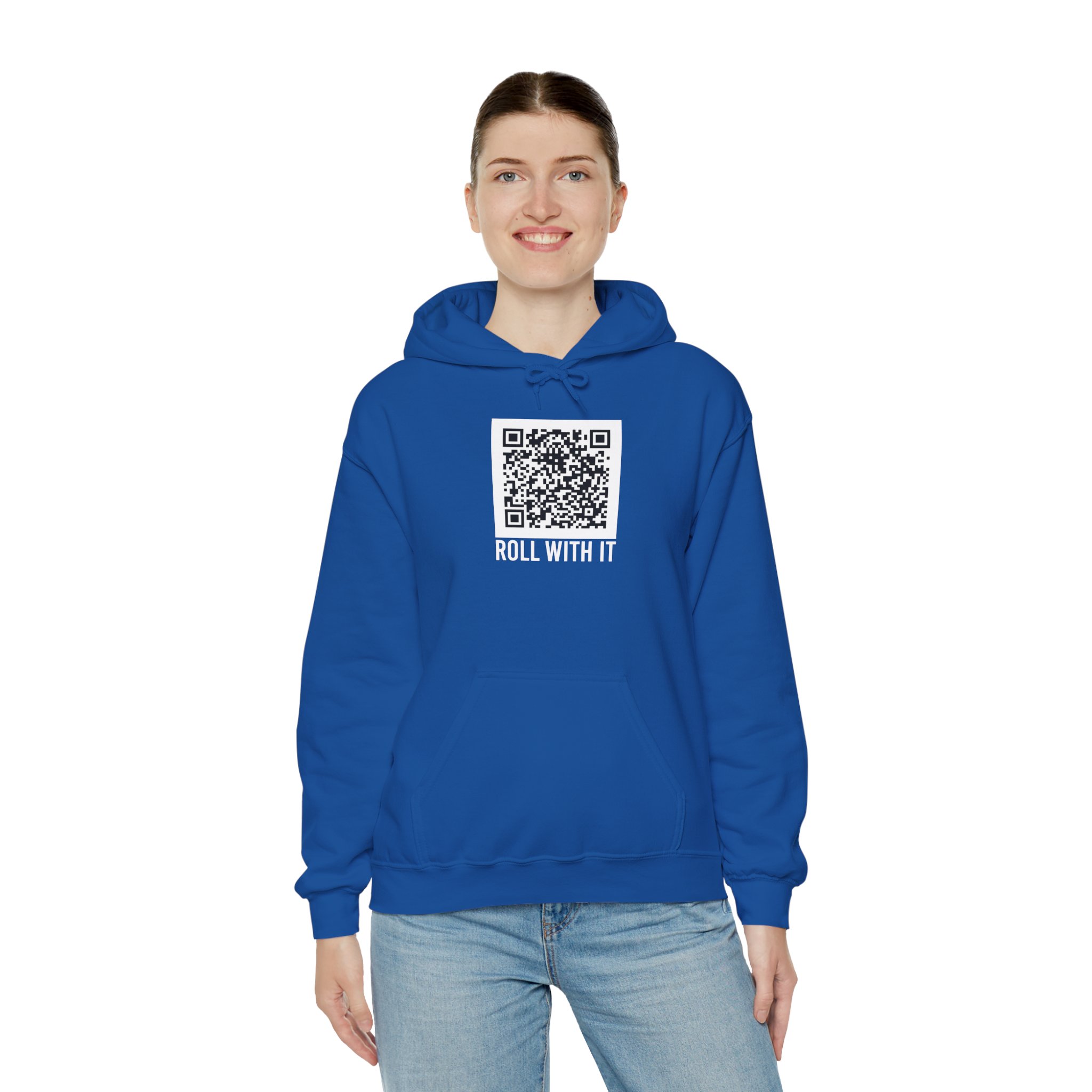 Roll With It QR Code hoodie in Royal, worn by a model, third view
