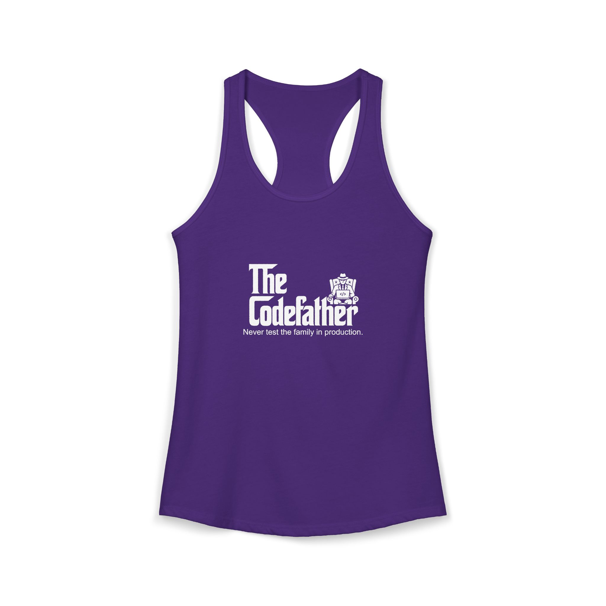 The Codefather women's racerback tank in Solid Purple Rush, front 2