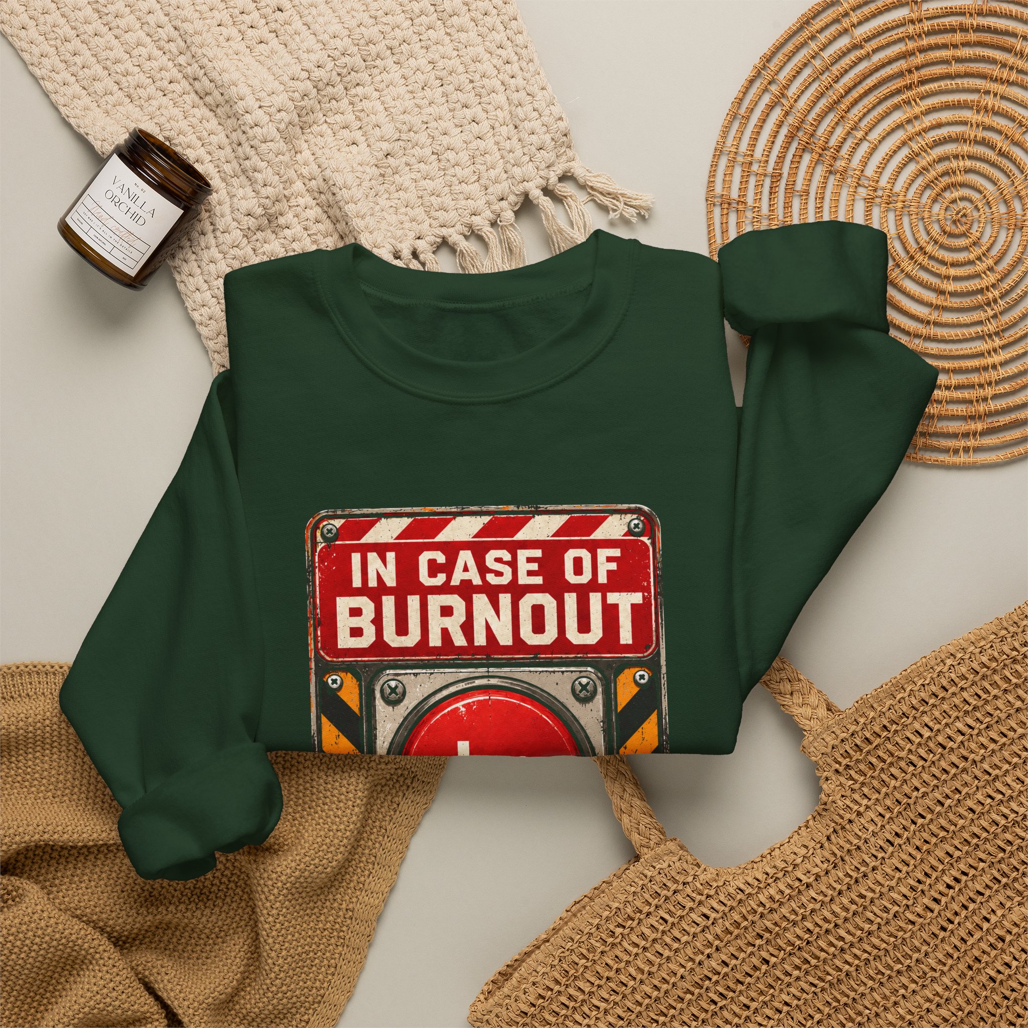 In Case of Burnout crewneck sweatshirt in Forest Green, folded 2