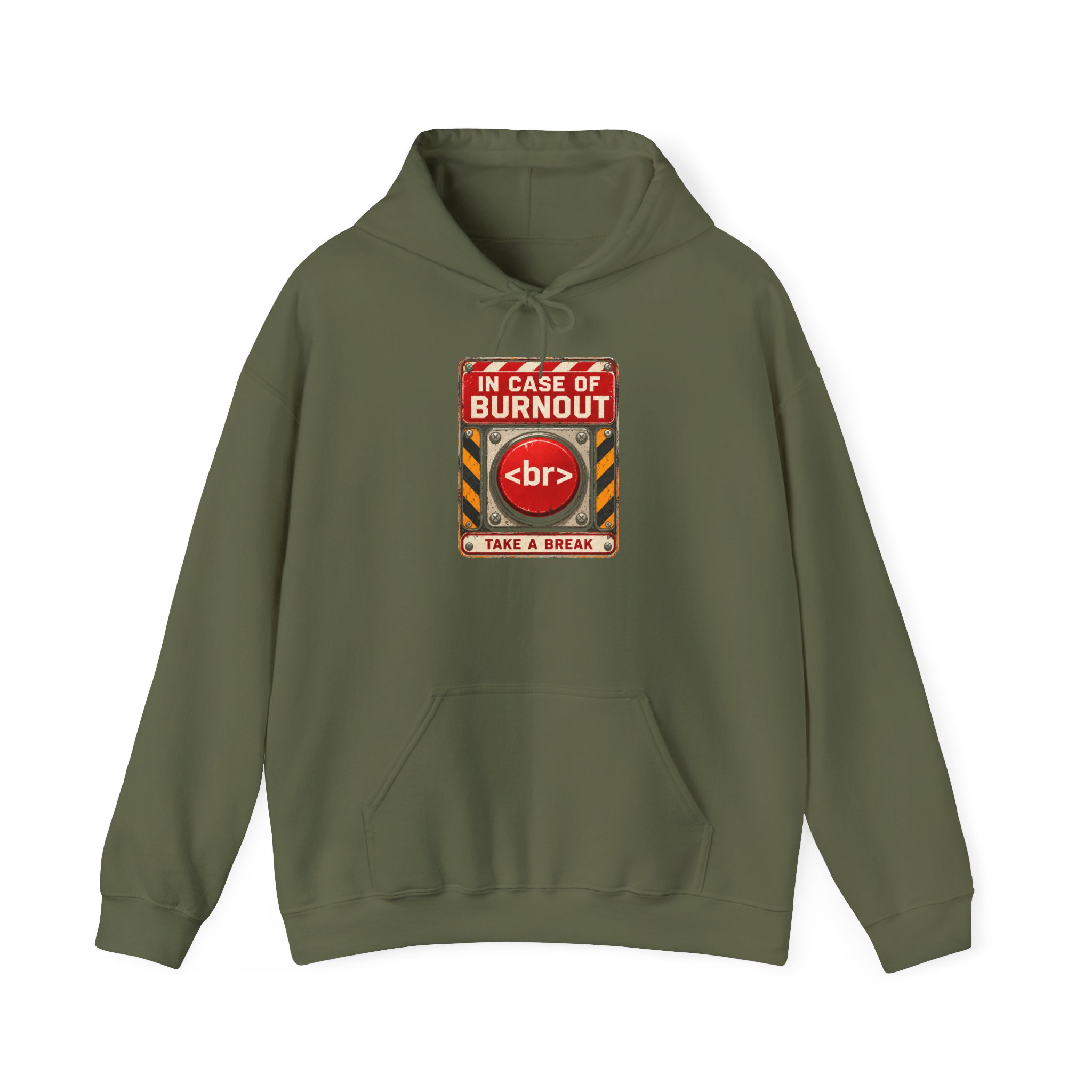 In Case of Burnout hoodie in Military Green, front view