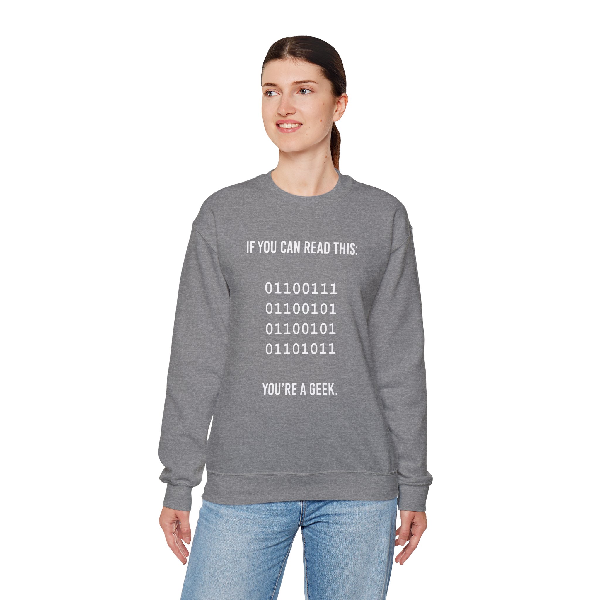 Geek Binary Code crewneck sweatshirt in Graphite Heather, worn by a model, fourth view