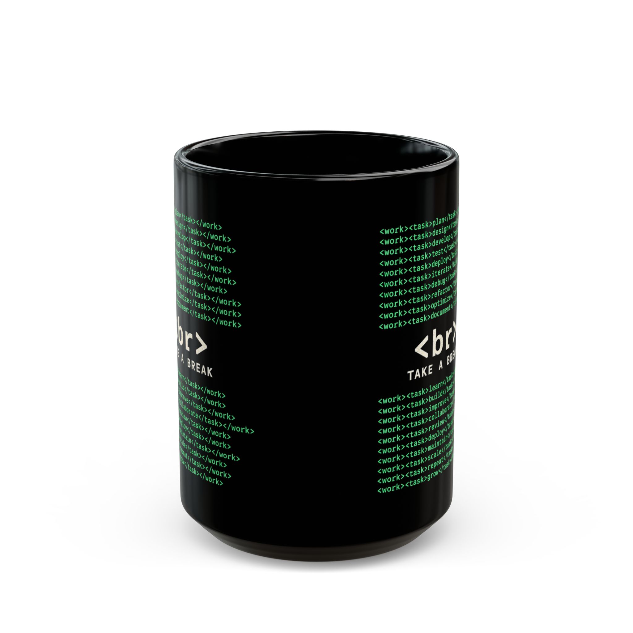 Work Work Break black mug, 15 oz, front view