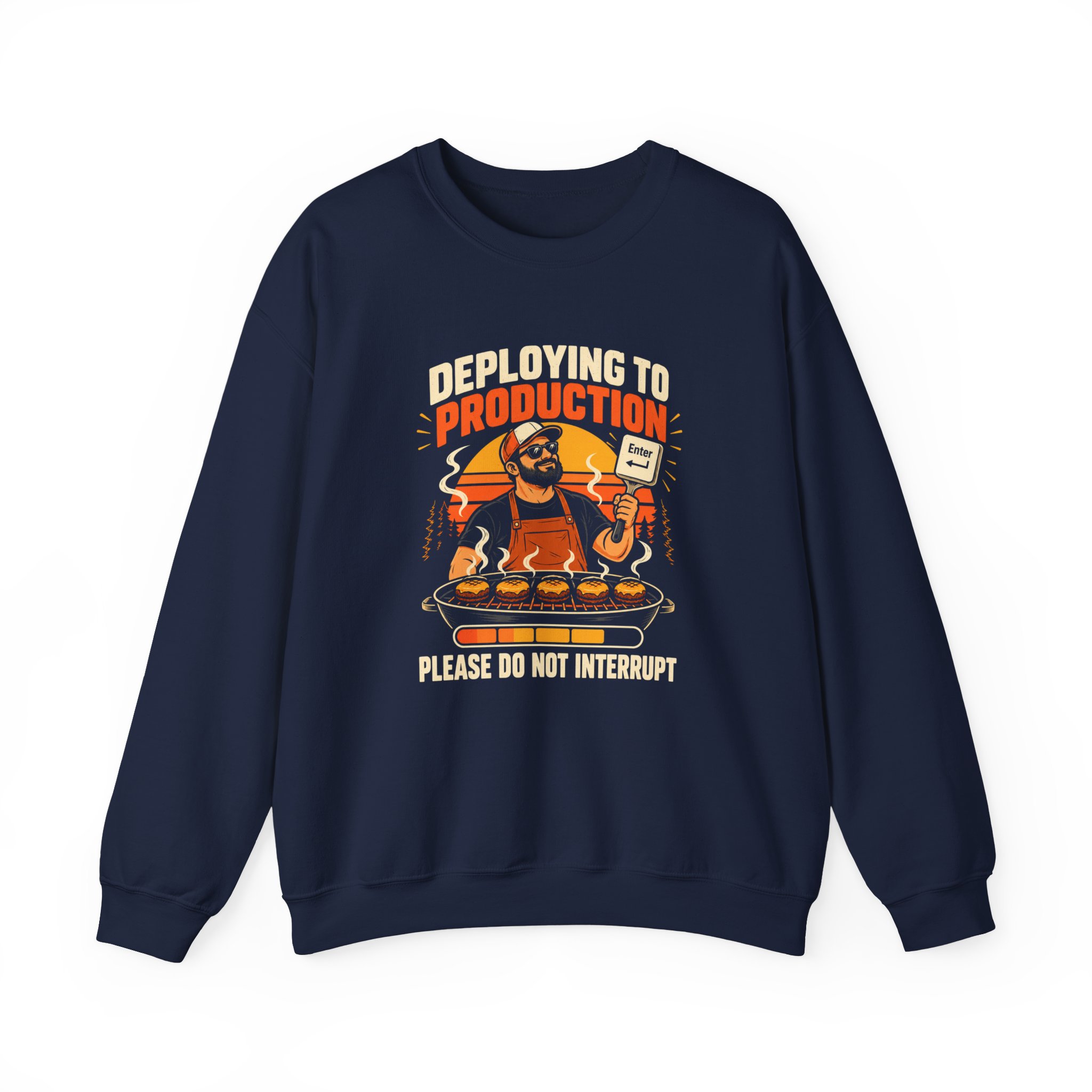 Deploying to Production crewneck sweatshirt in Navy, front view