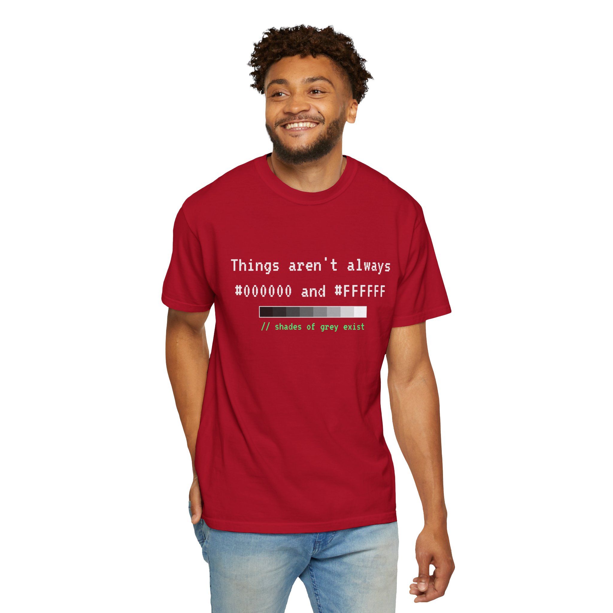 Shades of Grey Exist T-shirt in Red, worn by a man, second model