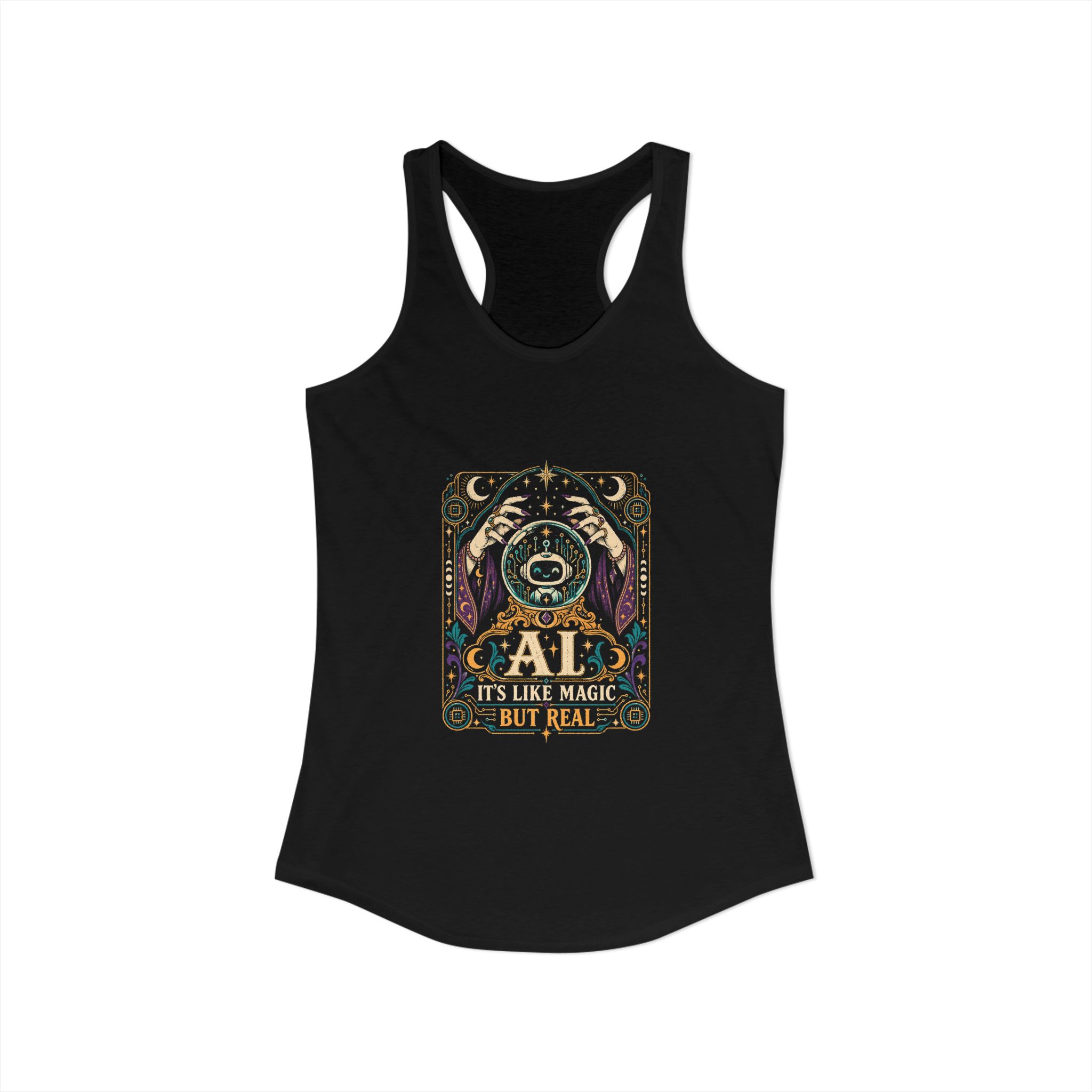 AI Magic Crystal Ball women's racerback tank in Solid Black, front view