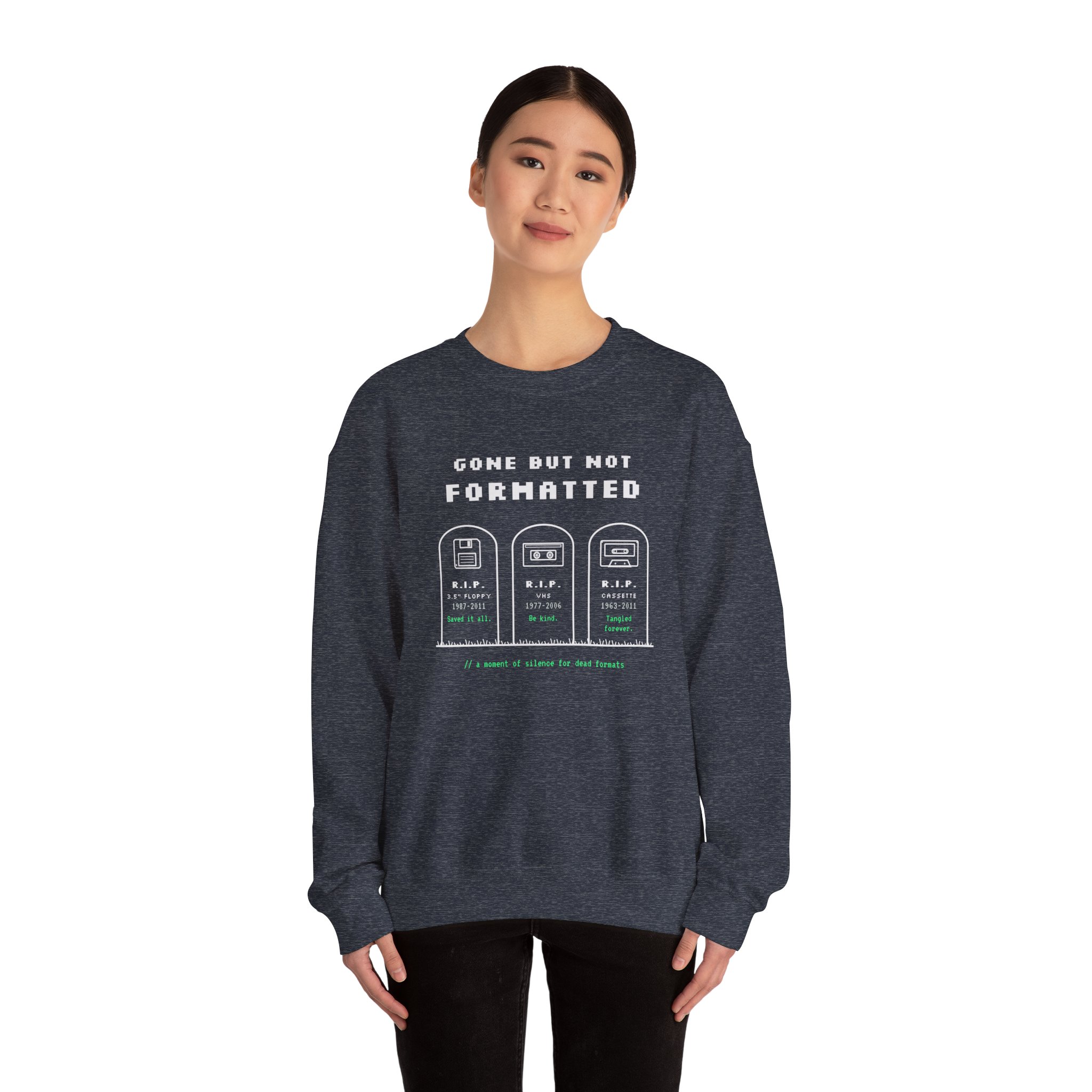Gone But Not Formatted crewneck sweatshirt in Heather Sport Dark Navy, worn by a model