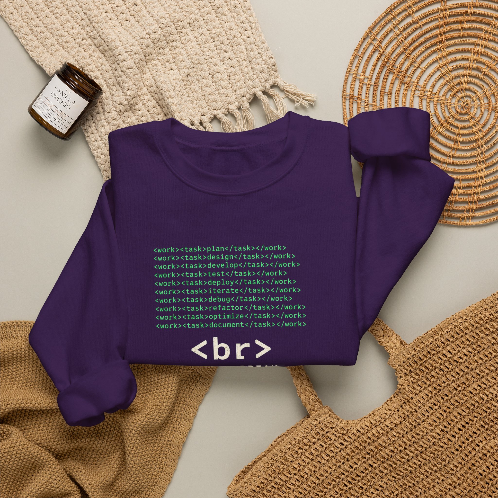Work Work Break crewneck sweatshirt in Purple, folded 2