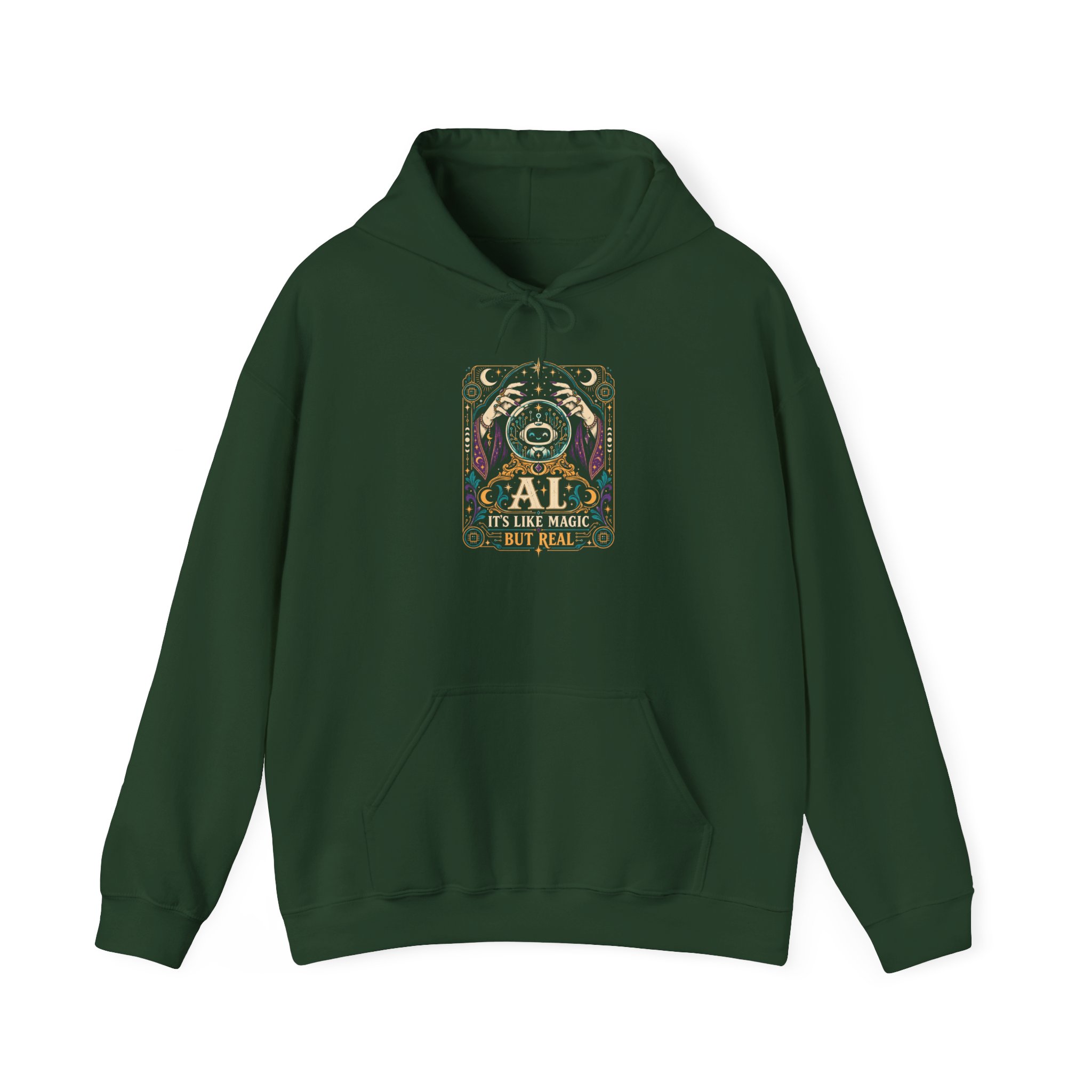 AI Magic Crystal Ball hoodie in Forest Green, front view