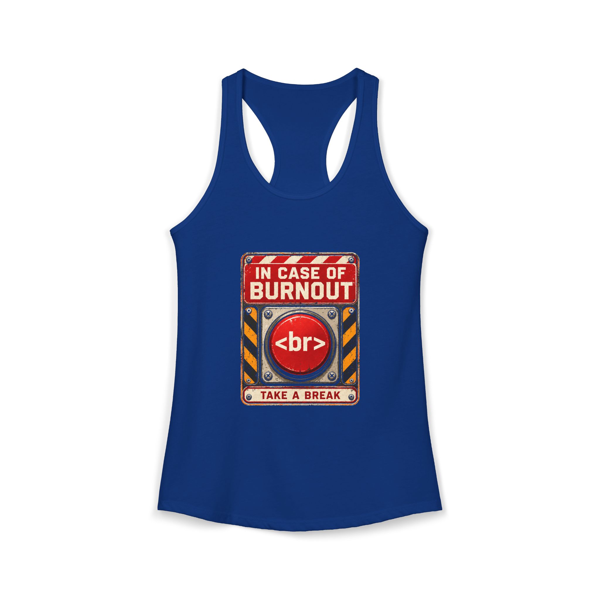 In Case of Burnout women's racerback tank in Solid Royal, front 2