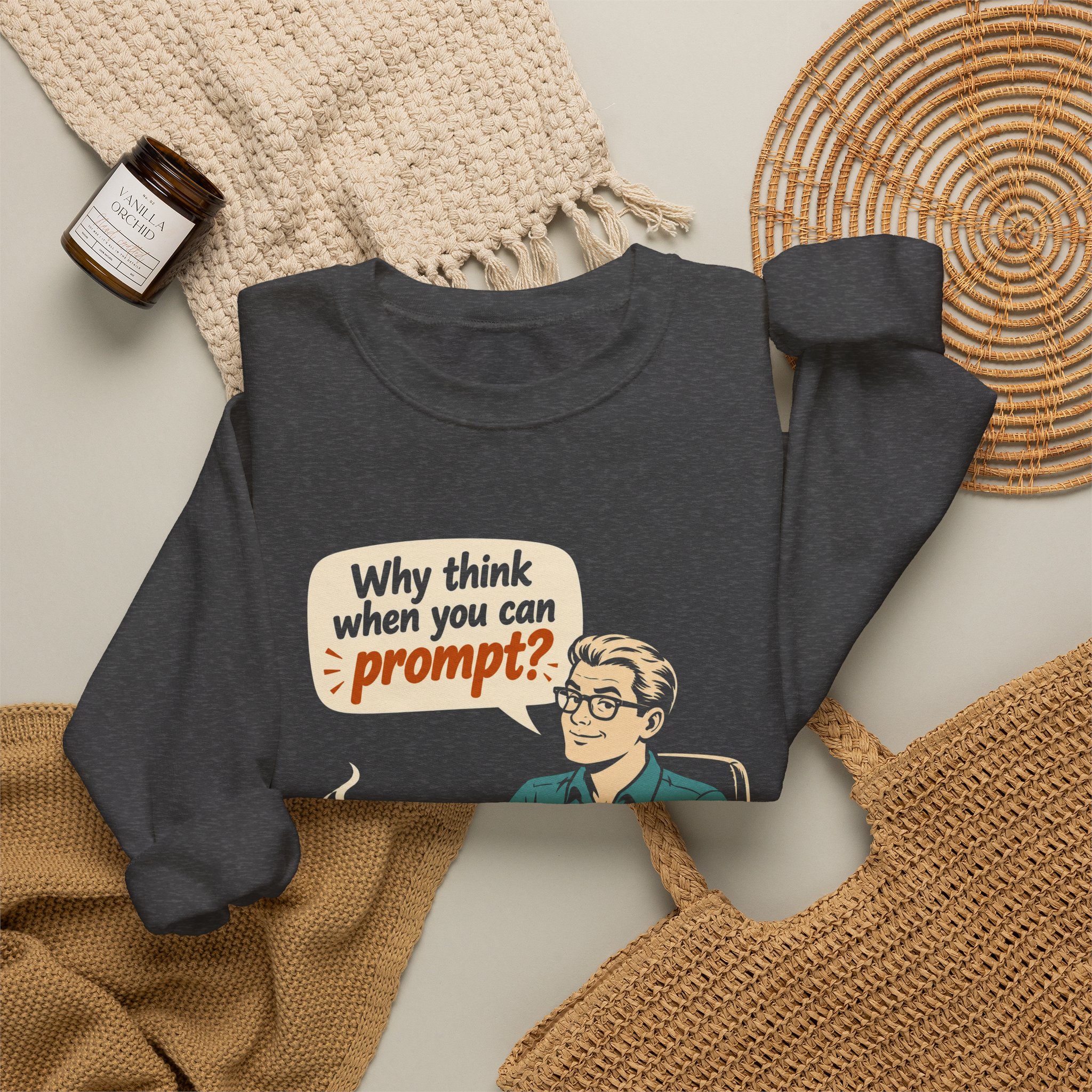 Why Think When You Can Prompt crewneck sweatshirt in Dark Heather, folded 2