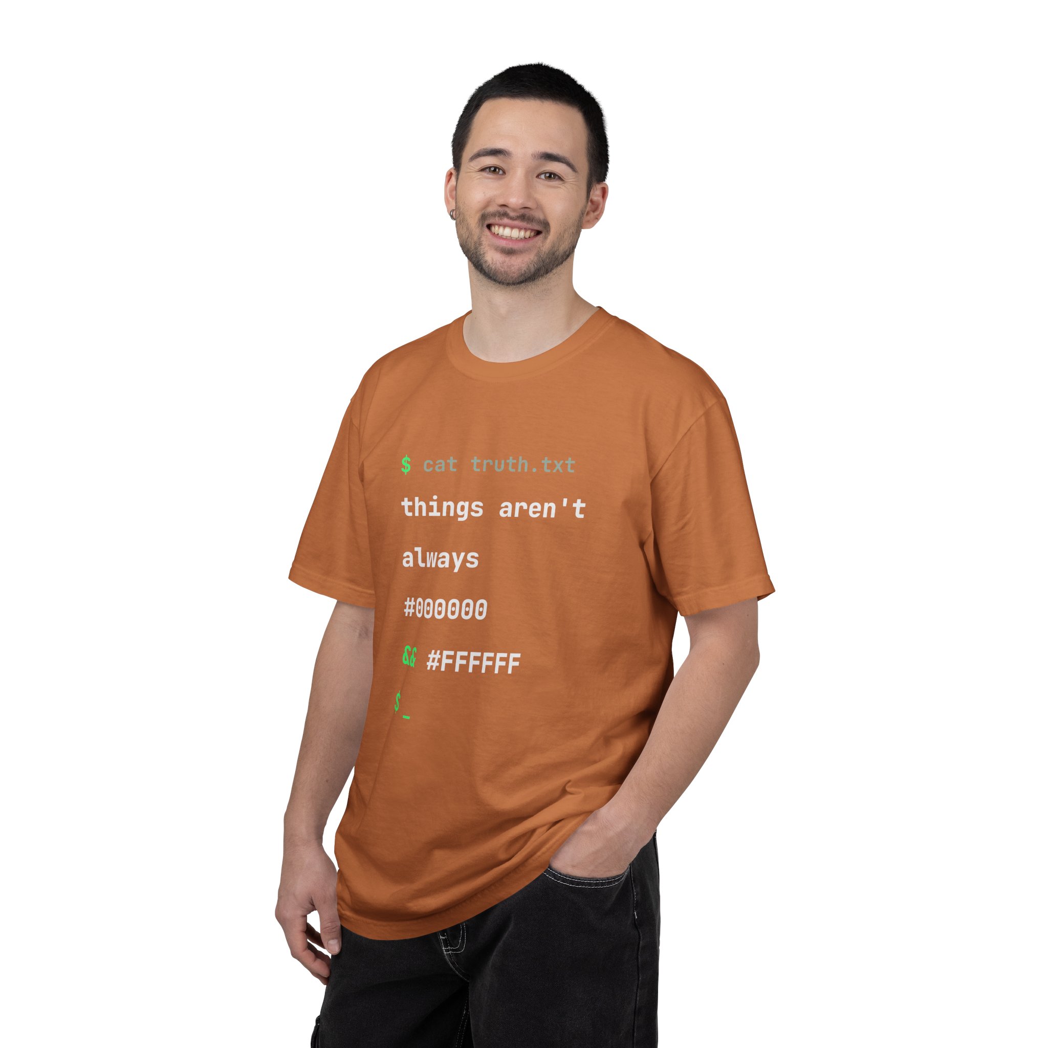 cat truth.txt T-shirt in Yam, worn by a man