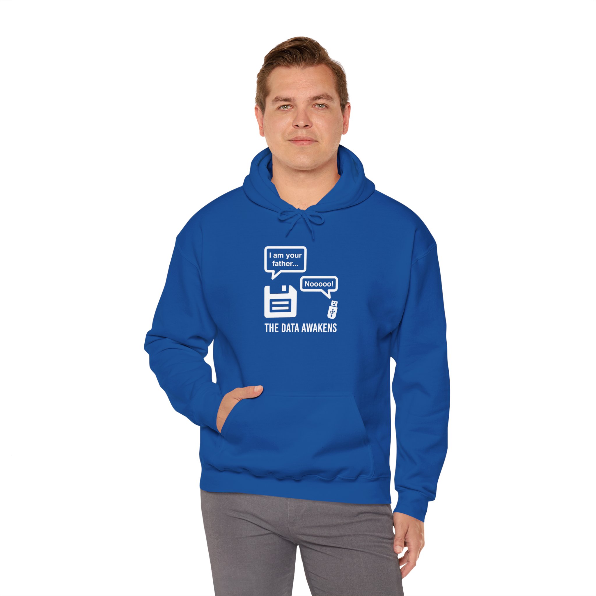 The Data Awakens hoodie in Royal, worn by a model, fourth view