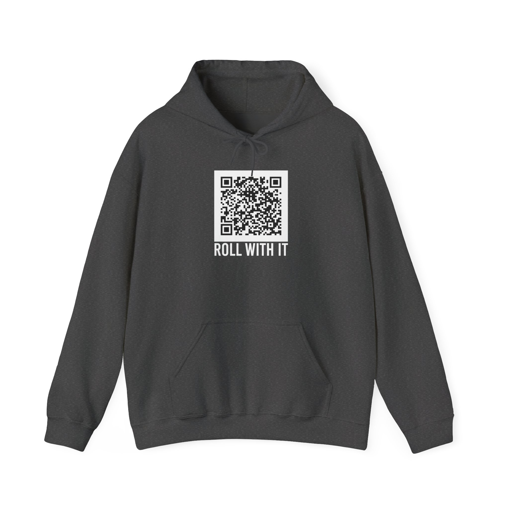 Roll With It QR Code hoodie in Dark Heather, front view