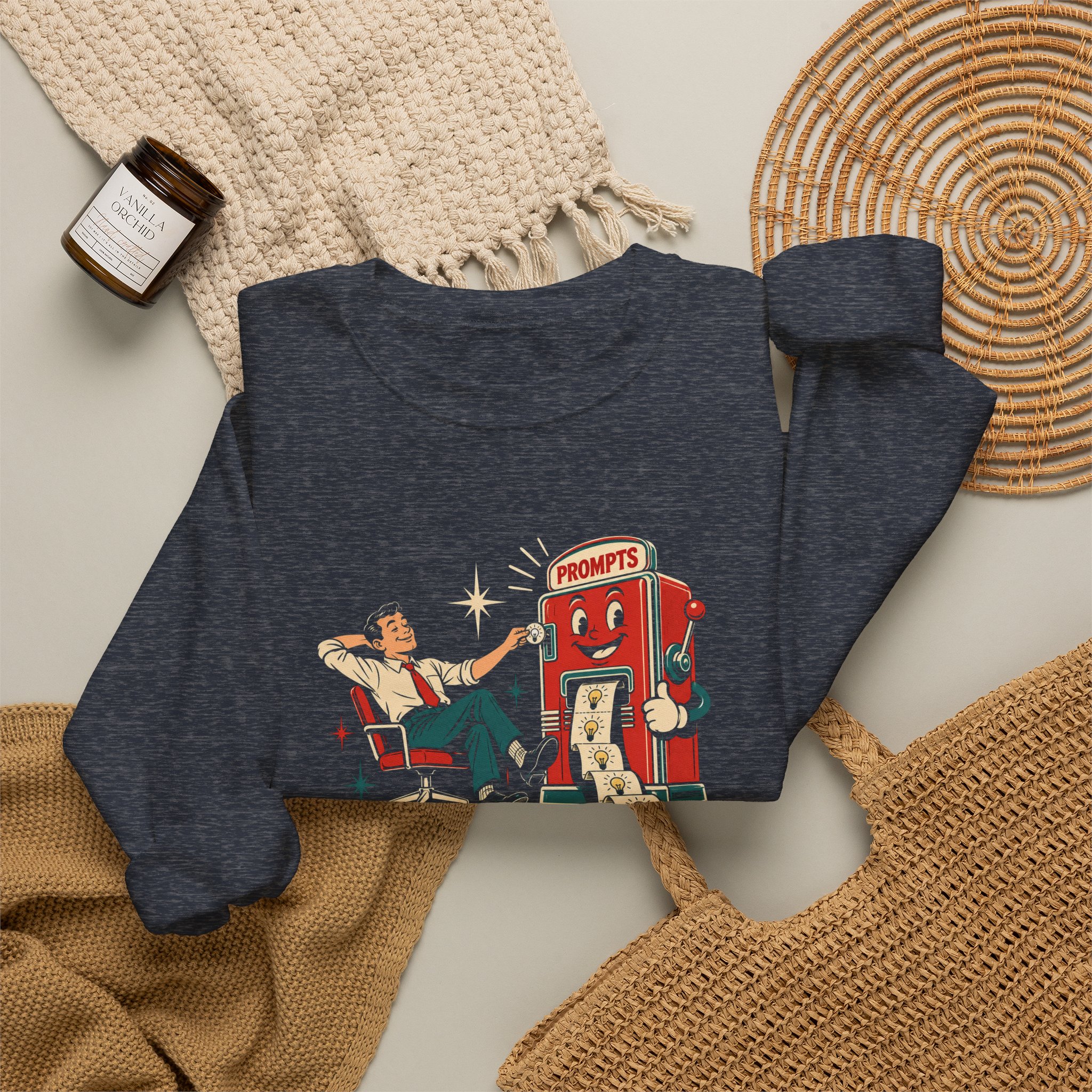 Prompt Machine crewneck sweatshirt in Heather Sport Dark Navy, folded 2