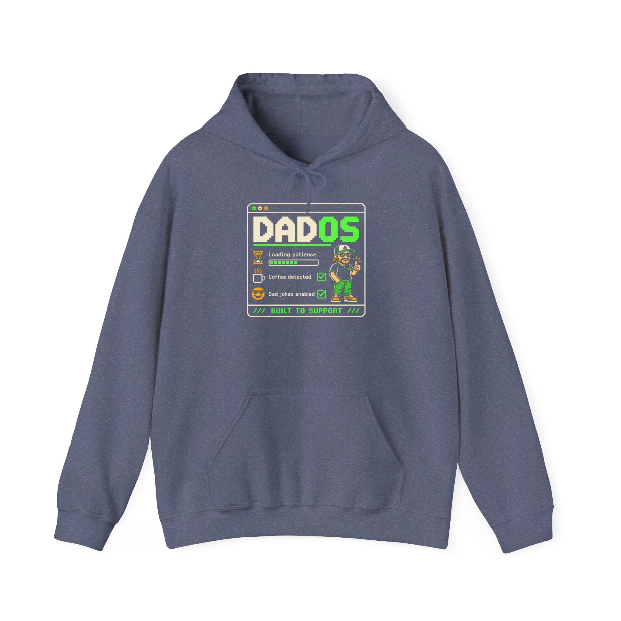 DadOS hoodie in Heather Navy, front view