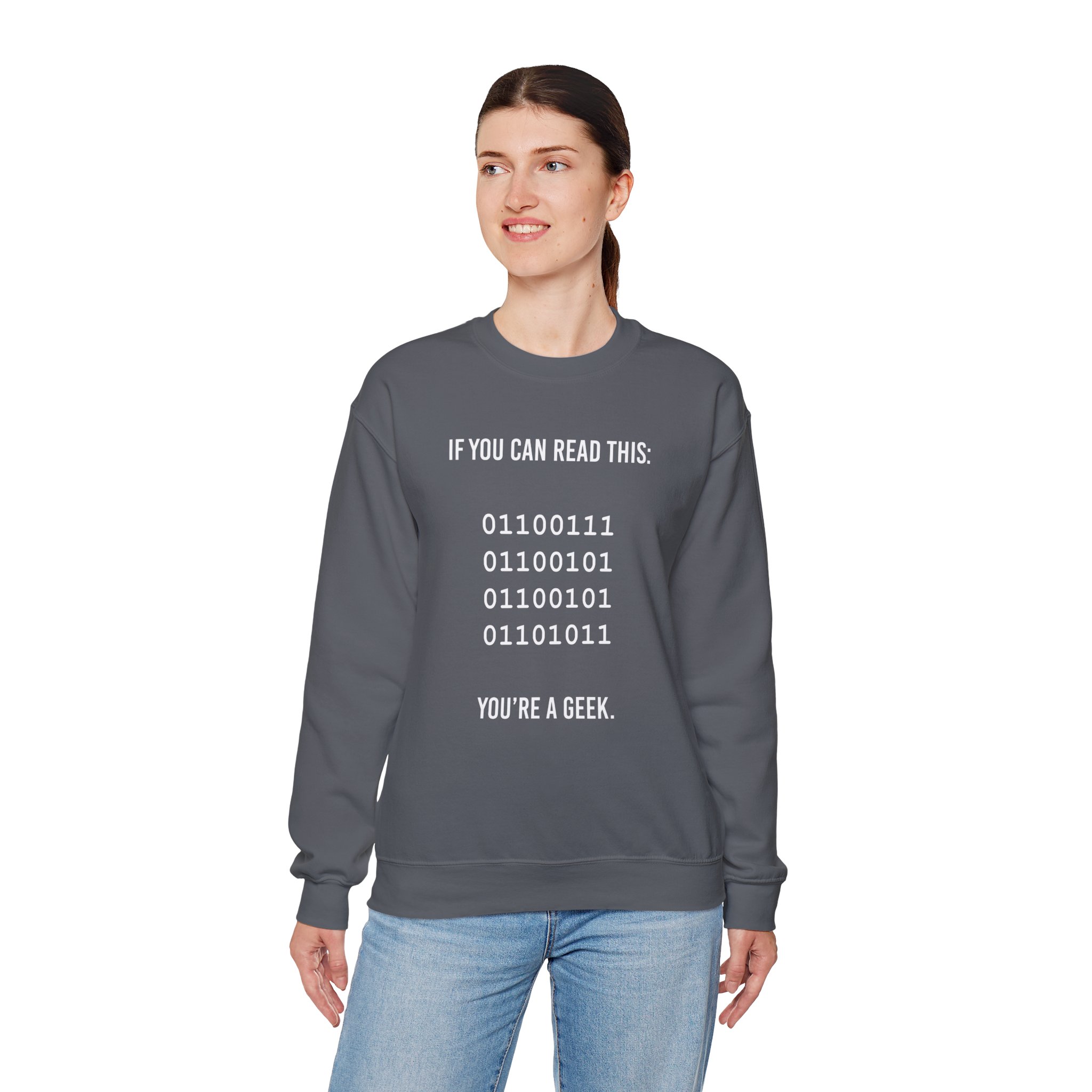 Geek Binary Code crewneck sweatshirt in Charcoal, worn by a model, fourth view