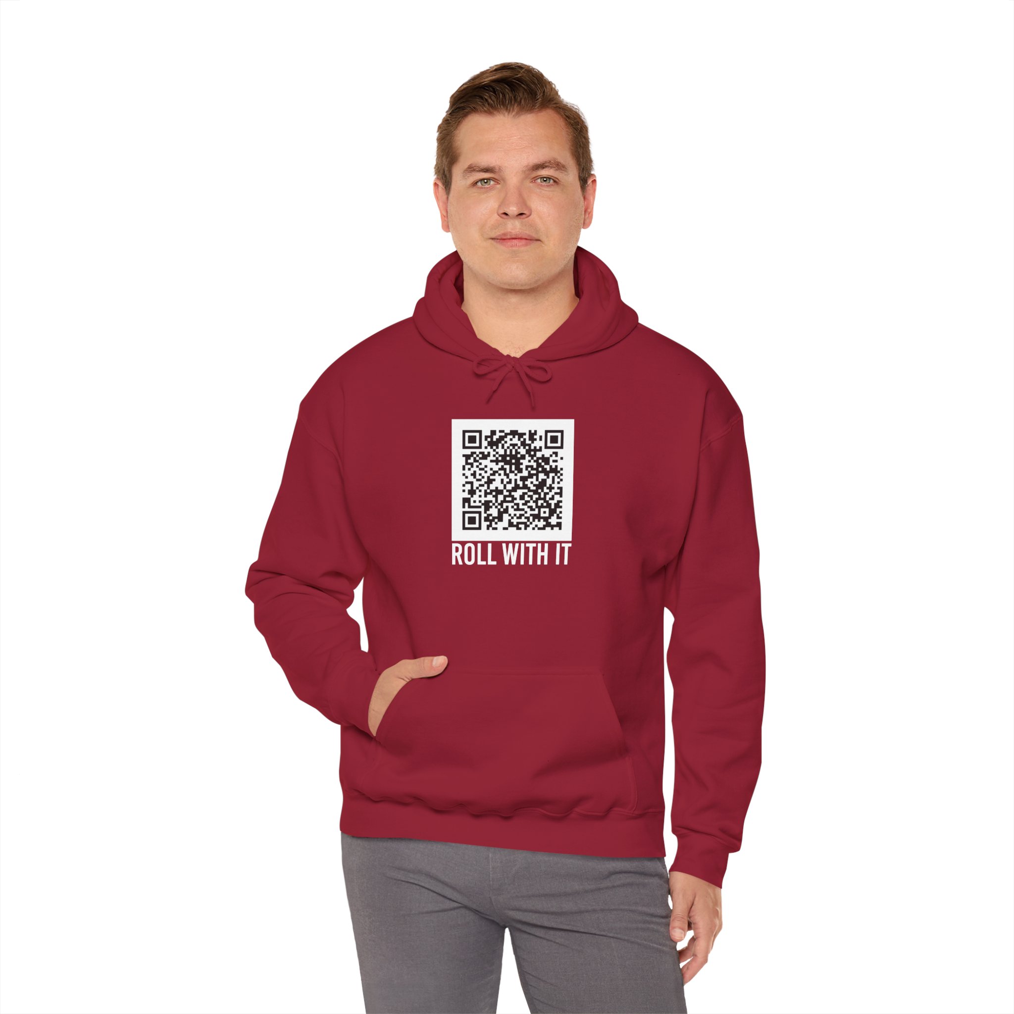 Roll With It QR Code hoodie in Cardinal Red, worn by a model, fourth view