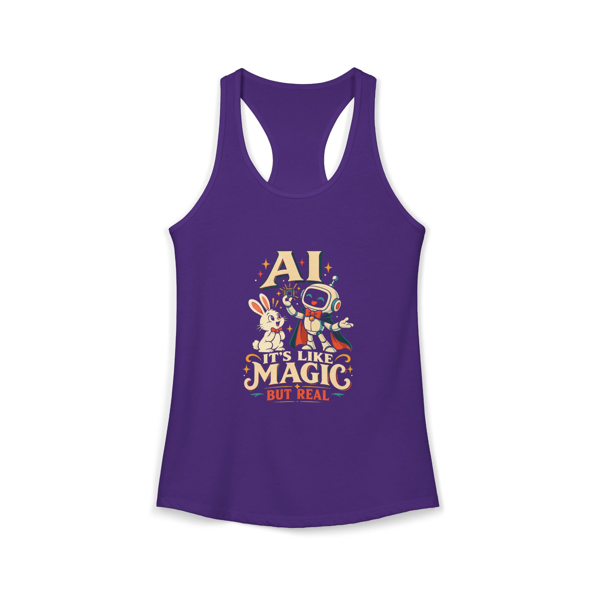 AI Magic Bunny women's racerback tank in Solid Purple Rush, front 2