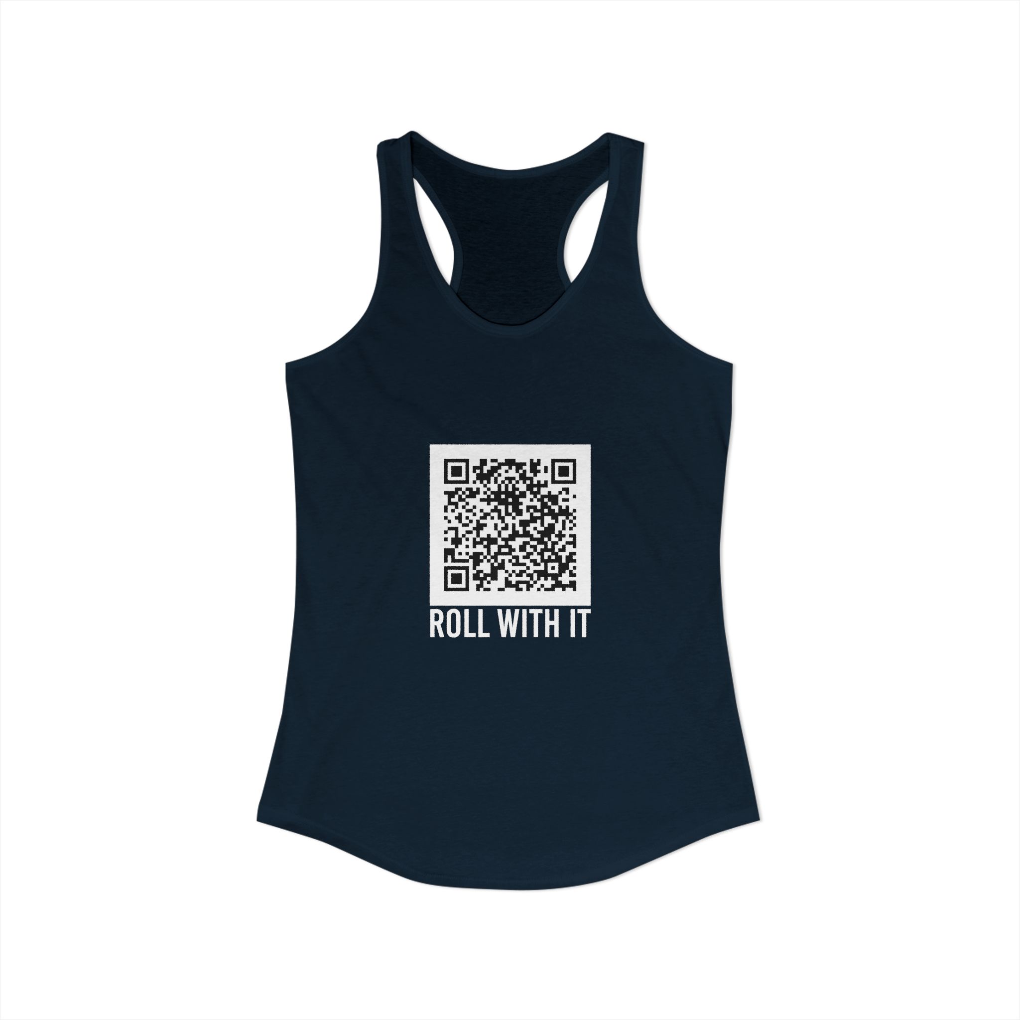 Roll With It QR Code women's racerback tank in Solid Midnight Navy, front view