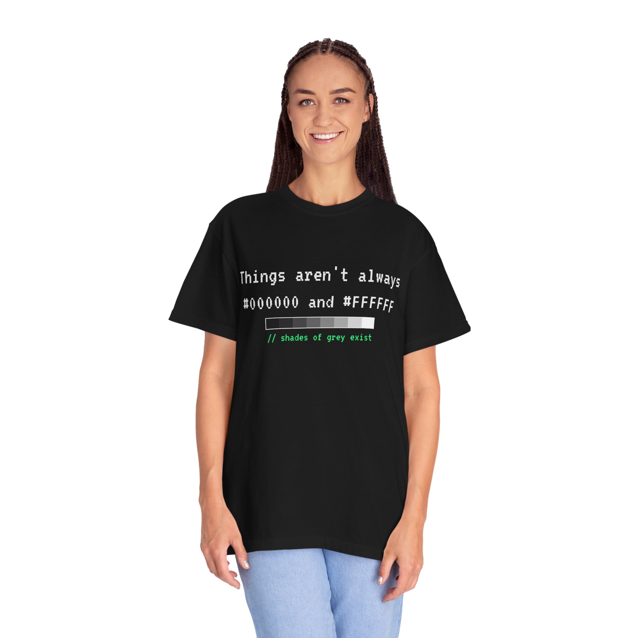 Shades of Grey Exist T-shirt in Black, worn by a woman