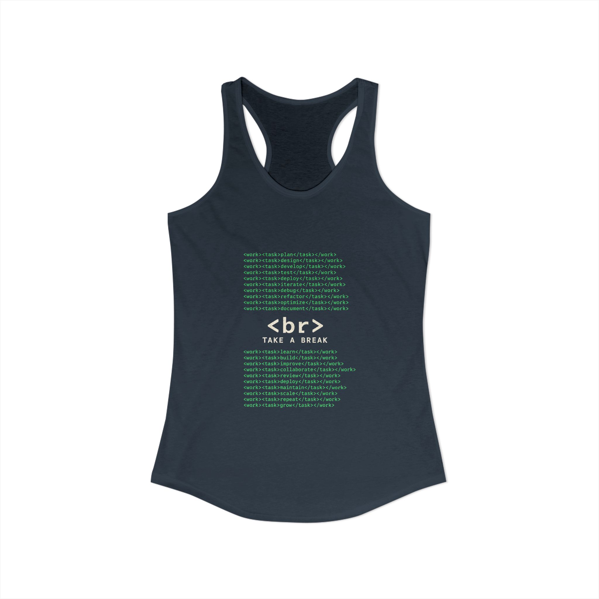 Work Work Break women's racerback tank in Solid Indigo, front view