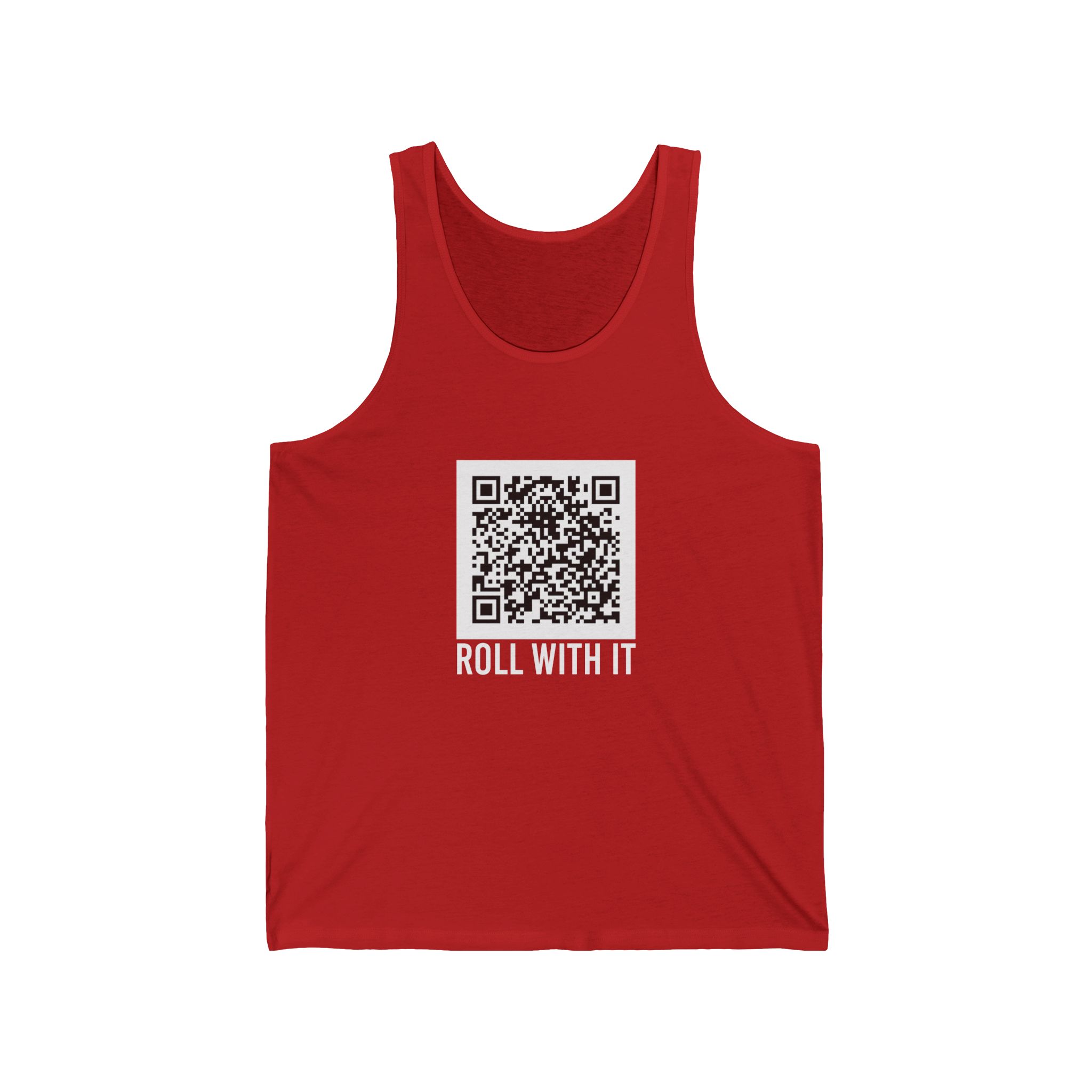 Roll With It QR Code unisex tank in Red, front view