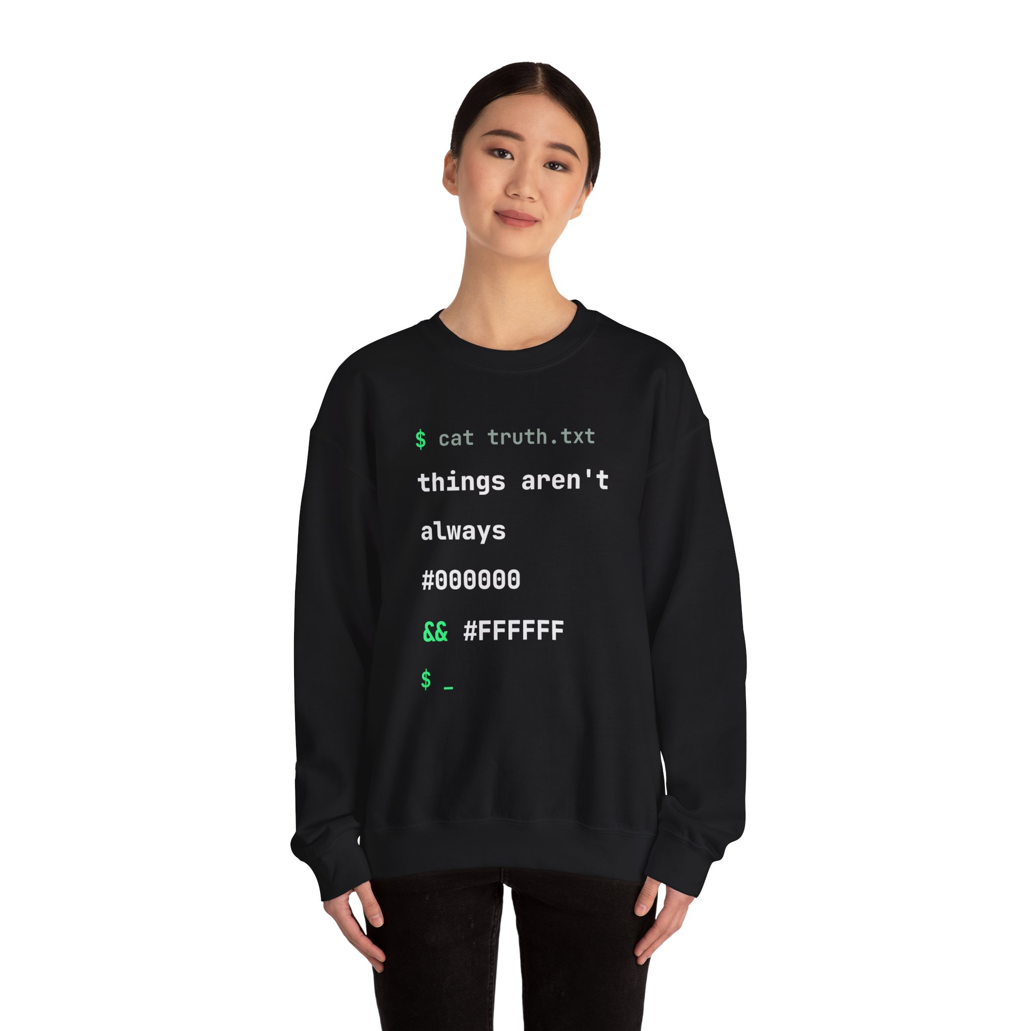 cat truth.txt crewneck sweatshirt in Black, worn by a model