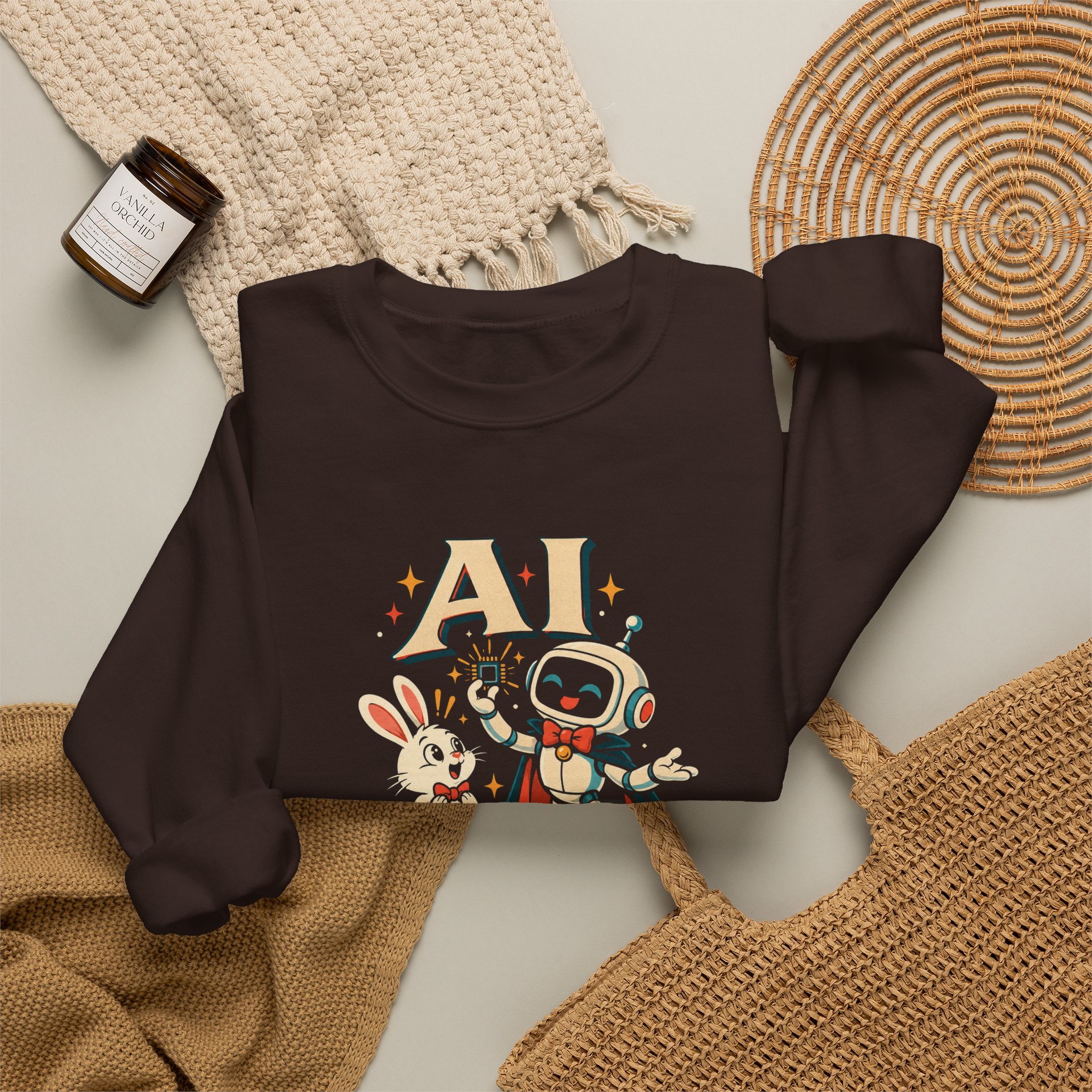 AI Magic Bunny crewneck sweatshirt in Dark Chocolate, folded 2