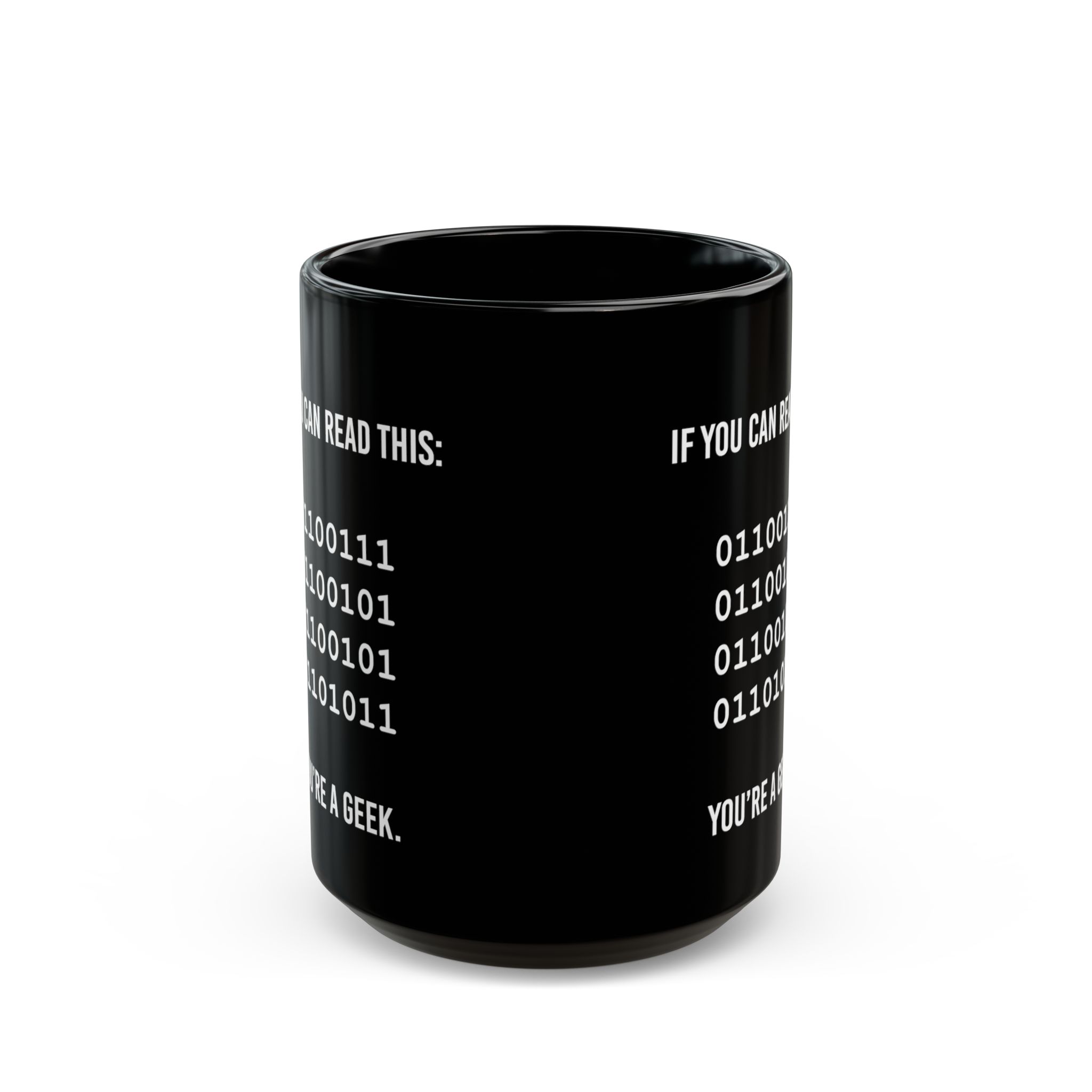 Geek Binary Code black mug, 15 oz, front view