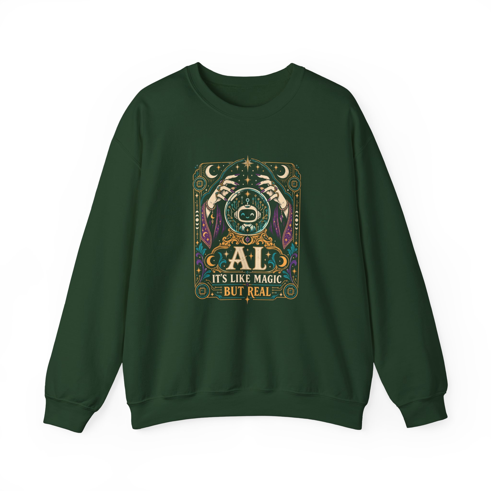 AI Magic Crystal Ball crewneck sweatshirt in Forest Green, front view