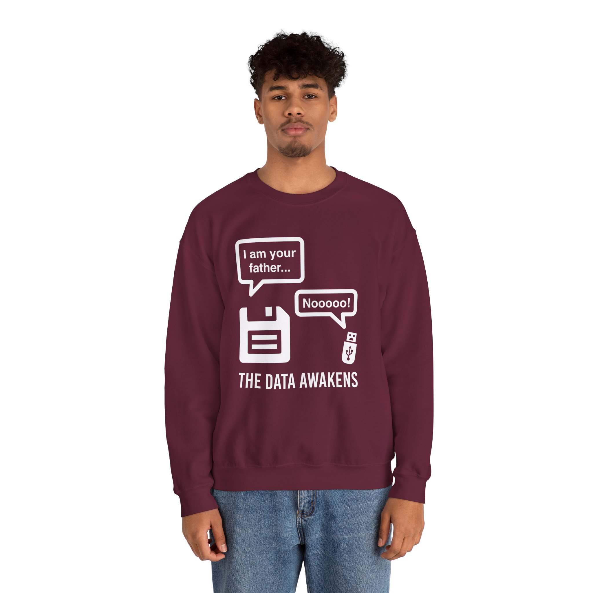 The Data Awakens crewneck sweatshirt in Maroon, worn by a model, second view