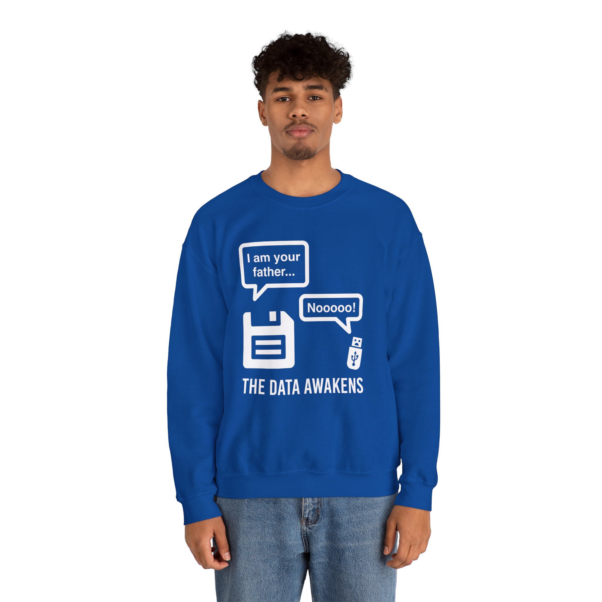 The Data Awakens crewneck sweatshirt in Royal, worn by a model, second view