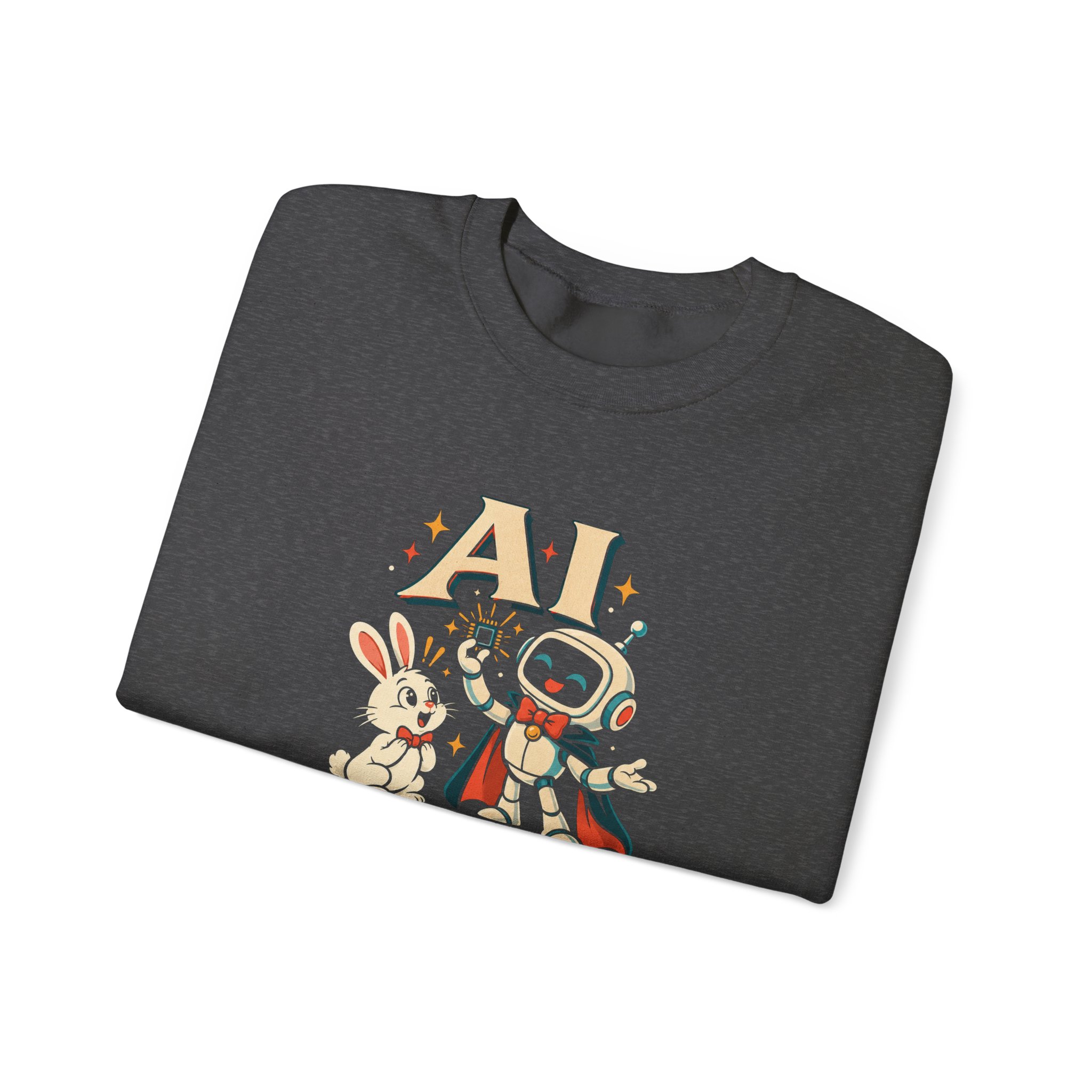 AI Magic Bunny crewneck sweatshirt in Dark Heather, folded