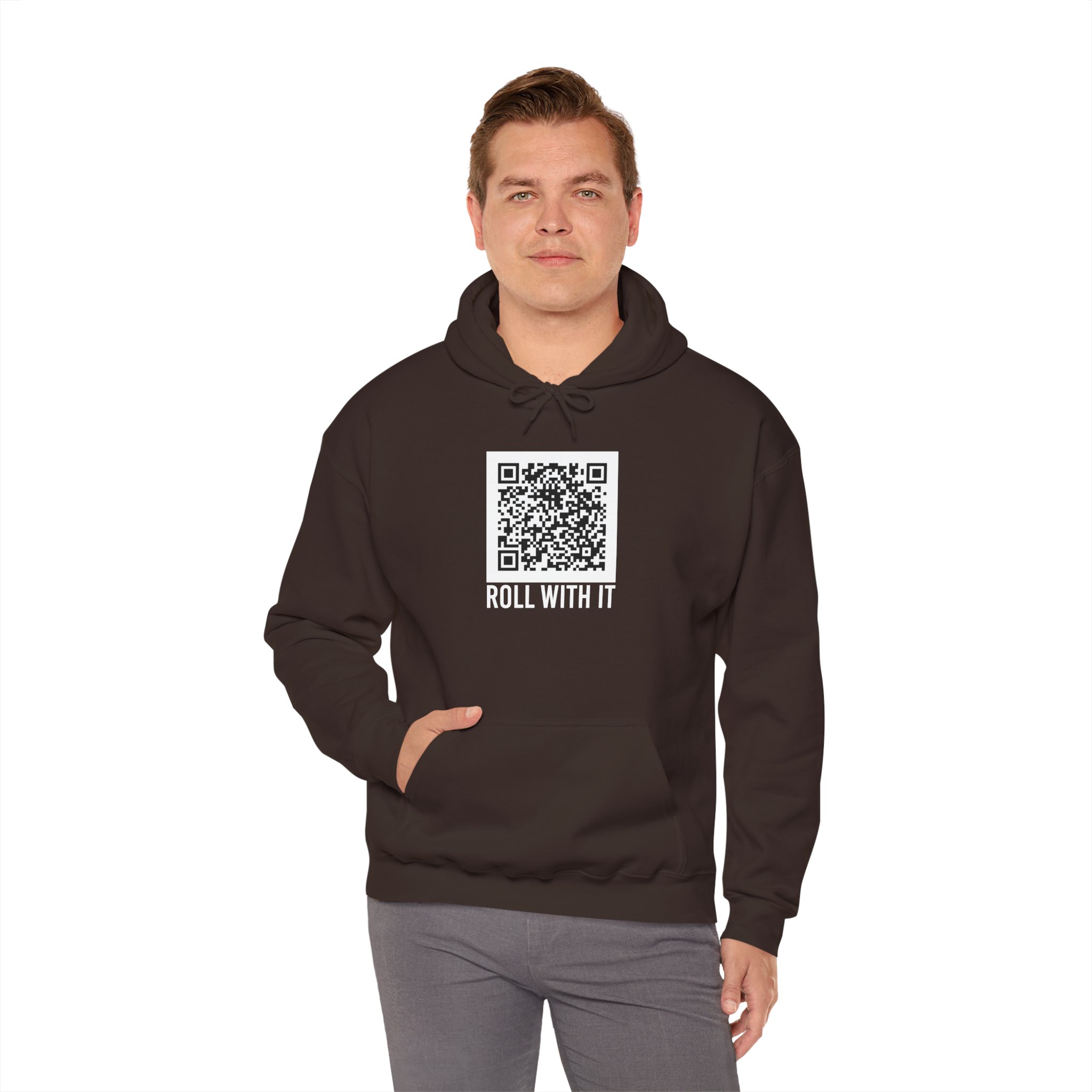 Roll With It QR Code hoodie in Dark Chocolate, worn by a model, fourth view