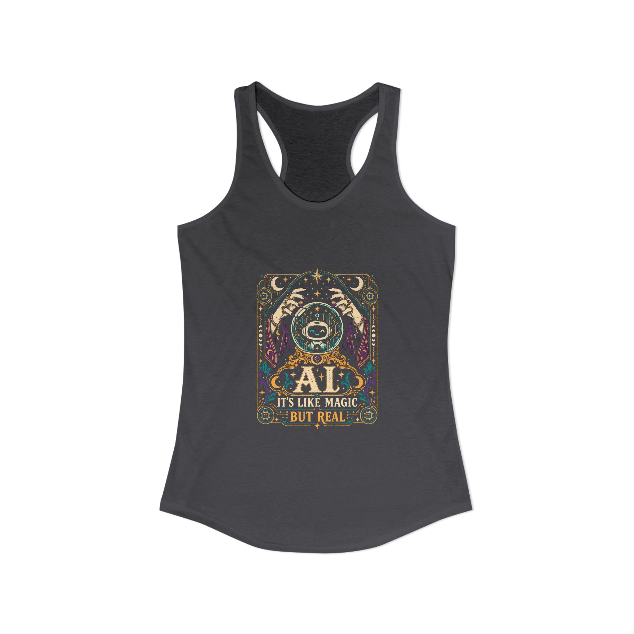 AI Magic Crystal Ball women's racerback tank in Solid Dark Gray, front view
