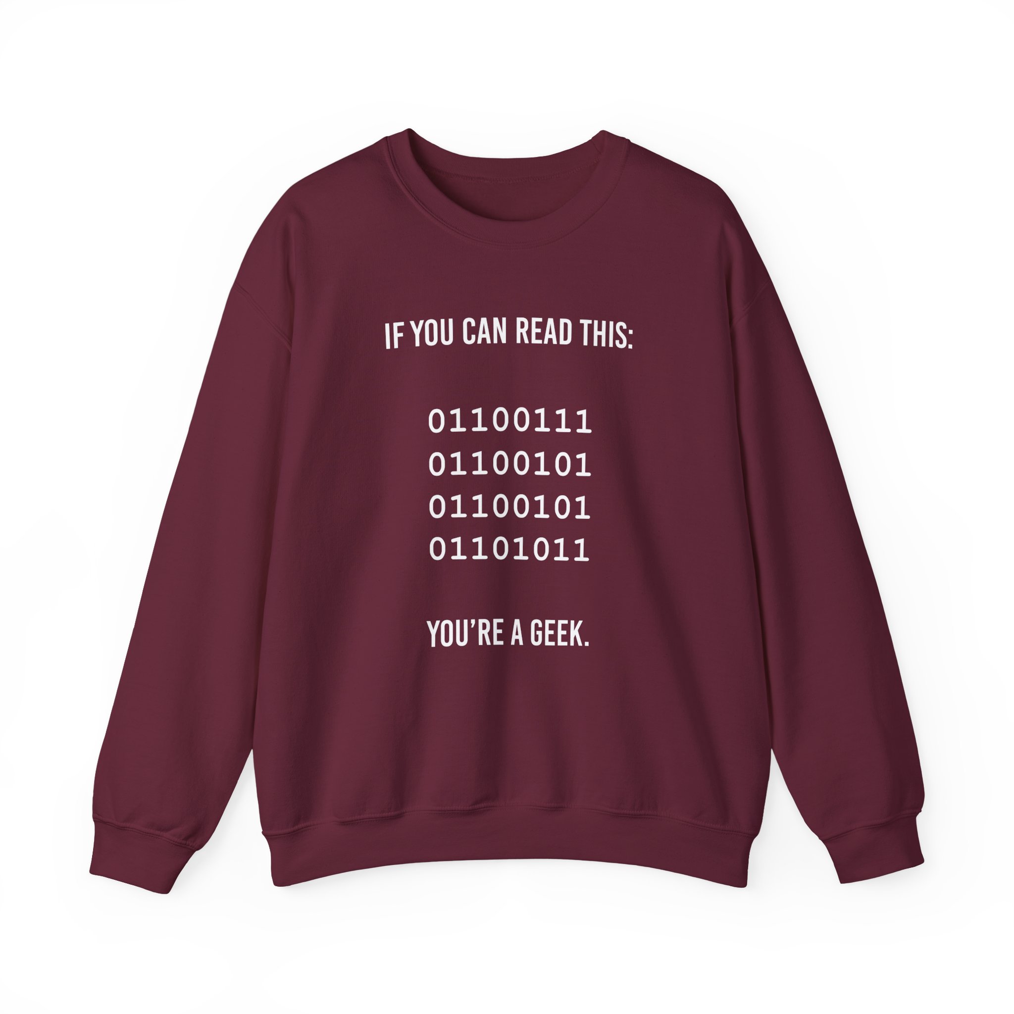 Geek Binary Code crewneck sweatshirt in Maroon, front view