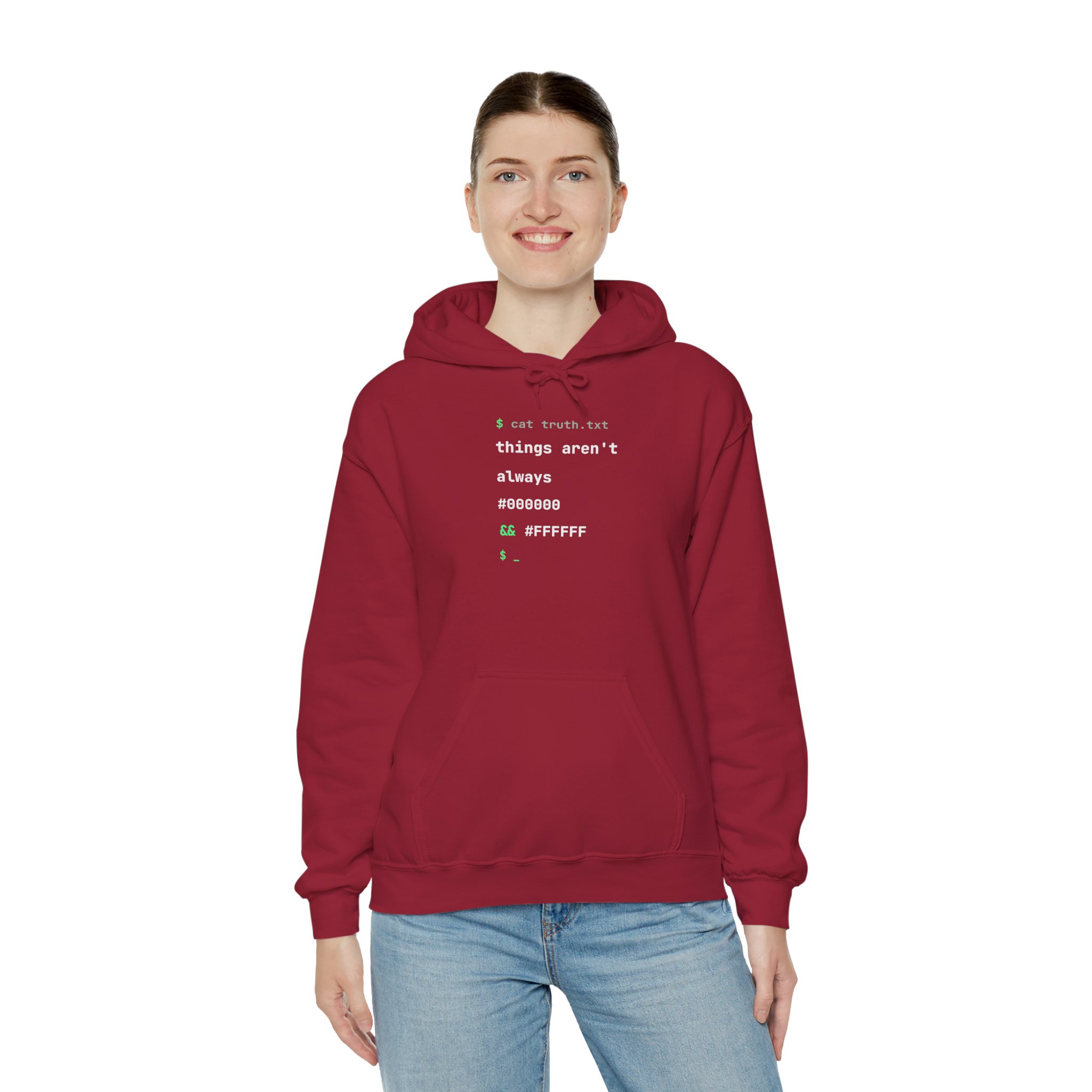 cat truth.txt hoodie in Cardinal Red, worn by a model, third view