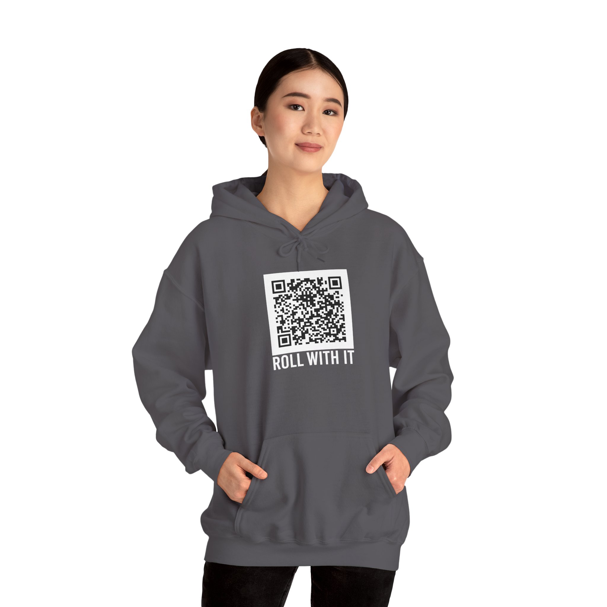 Roll With It QR Code hoodie in Charcoal, worn by a model